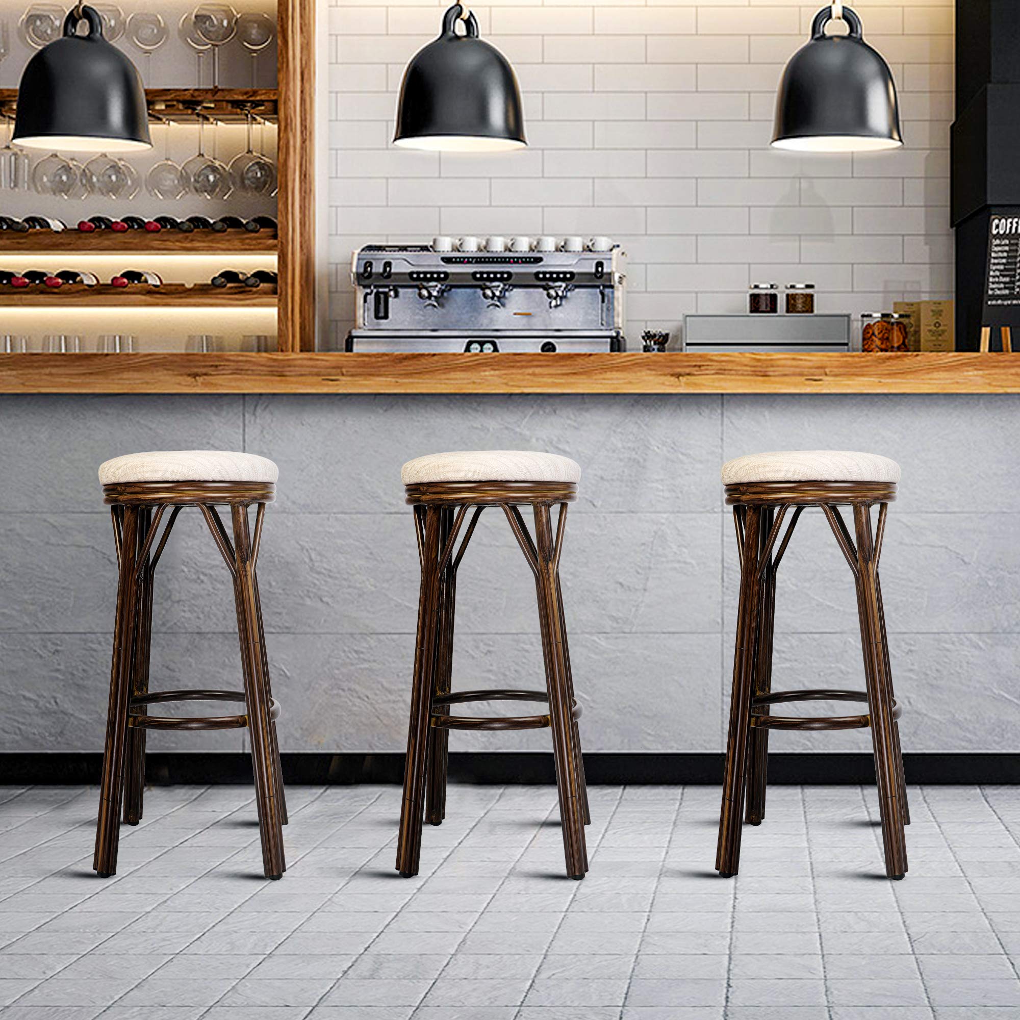 30'' Bar Stools Set of 2 - Aluminum Bar Stools with Round PU Leather Seat - Adjustable Height Counter Stools for Kitchen, Dining Room, Pub & Bistro - Indoor/Outdoor Use in White & Brown - Perfect for Home, Cafe & Patio Decor