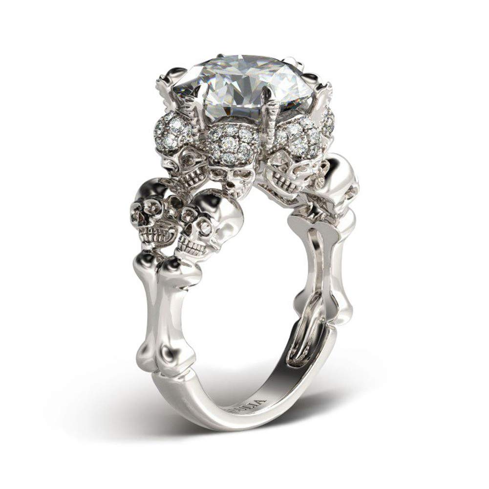 8.4 Carat Round Cut Diamond Skull Ring for Women - 925 Sterling Silver Wedding Band, Cubic Zirconia Solitaire Engagement Ring - Anniversary Promise Gift with Jewelry Box (Perfect for Bridal, Goth Fashion & Unique Proposal)