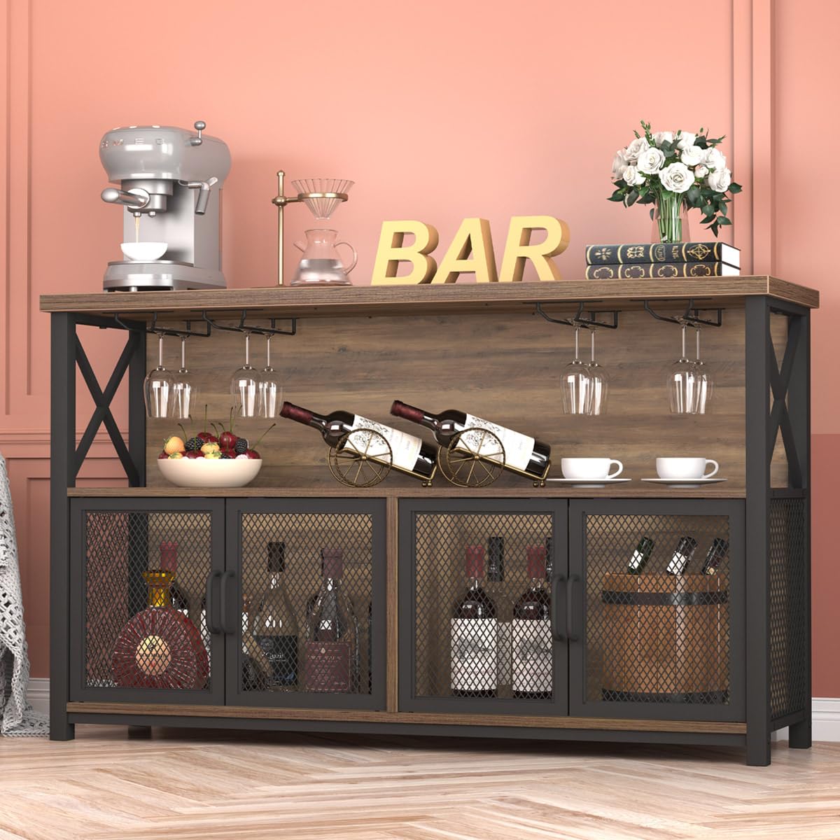 LVB Industrial Wine Bar Cabinet - 47 Inch Rustic Oak Buffet Sideboard with Metal & Wood Design for Liquor, Glasses & Coffee Storage | Perfect for Farmhouse Dining Room, Kitchen & Home Bar Setup