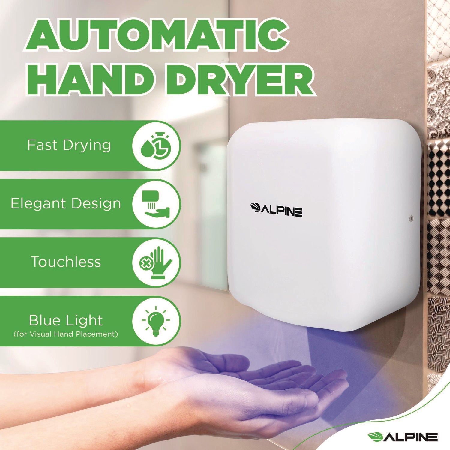 Alpine Industries 220V Automatic Commercial Hand Dryer - Stainless Steel White - 6.68