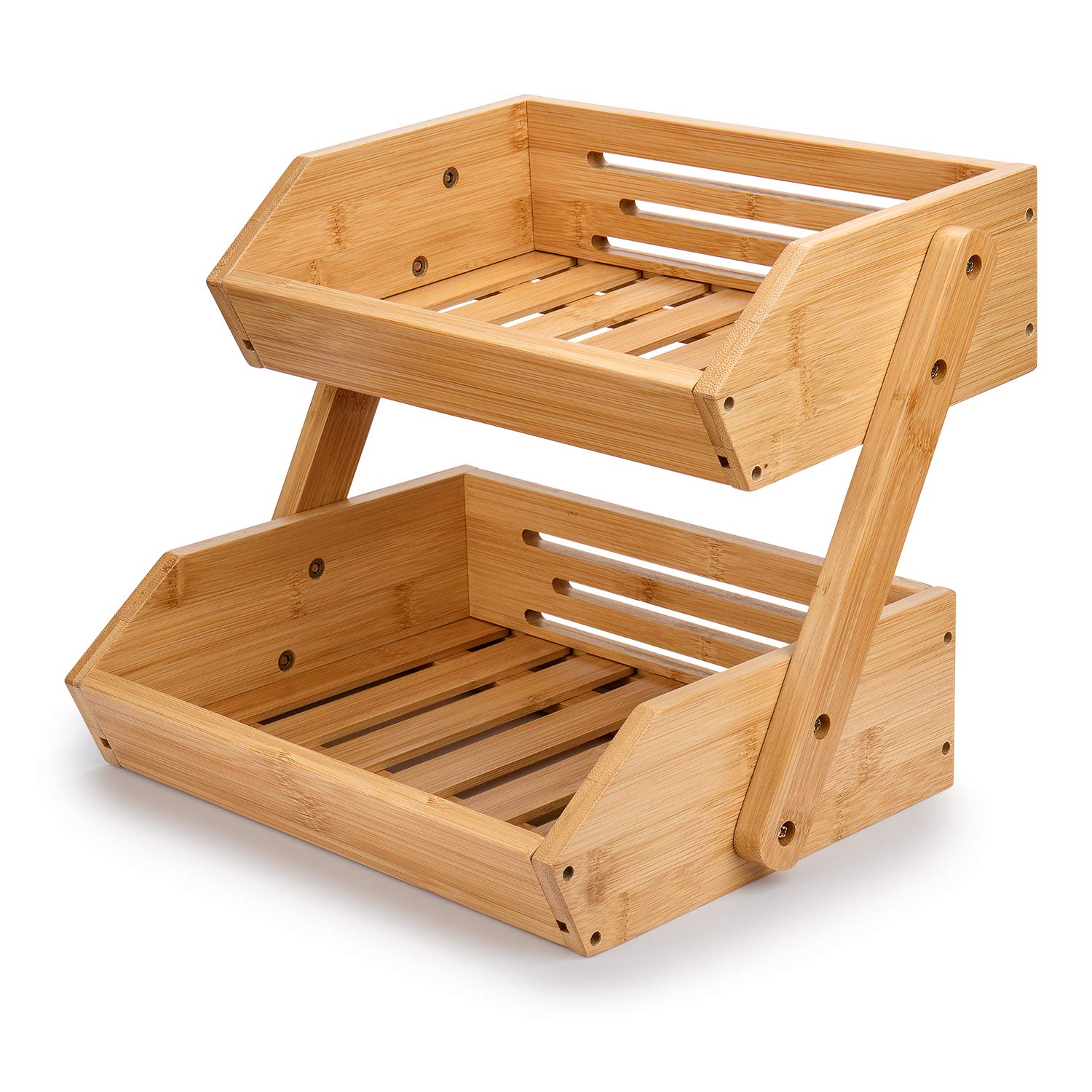 Premium 2-Tier Bamboo Fruit Basket - Large Kitchen Countertop Organizer for Fruits & Vegetables | 15mm Thick Natural Bamboo | Easy Self-Assembly | Perfect for Home Kitchen, Dining Room, or Fruit Shop Display