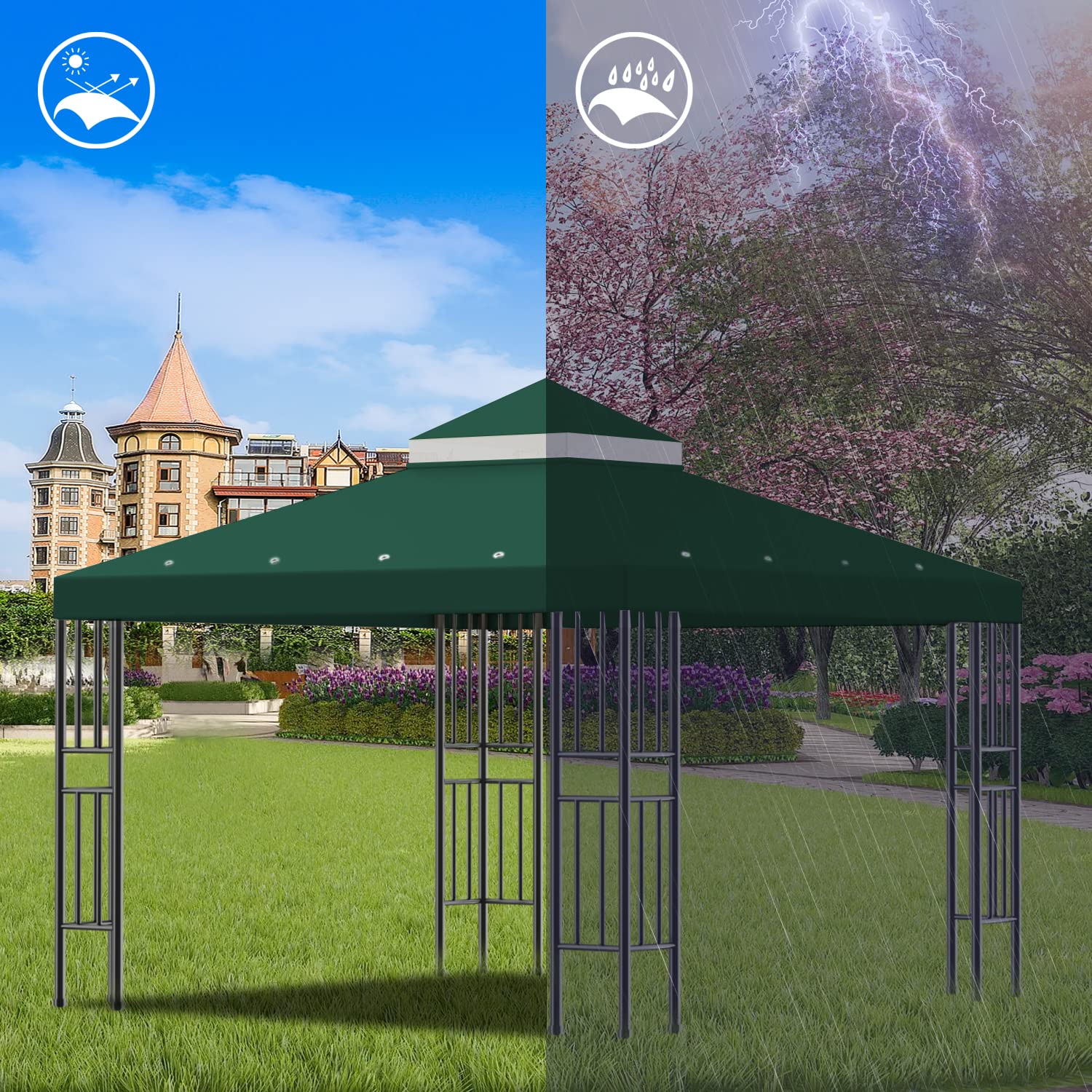 Sumfaller 10x10 FT Gazebo Replacement Canopy - Double Tiered Outdoor BBQ Grill Shelter Roof Cover (Green) | Perfect for Patio, Backyard, Picnic & Garden Parties