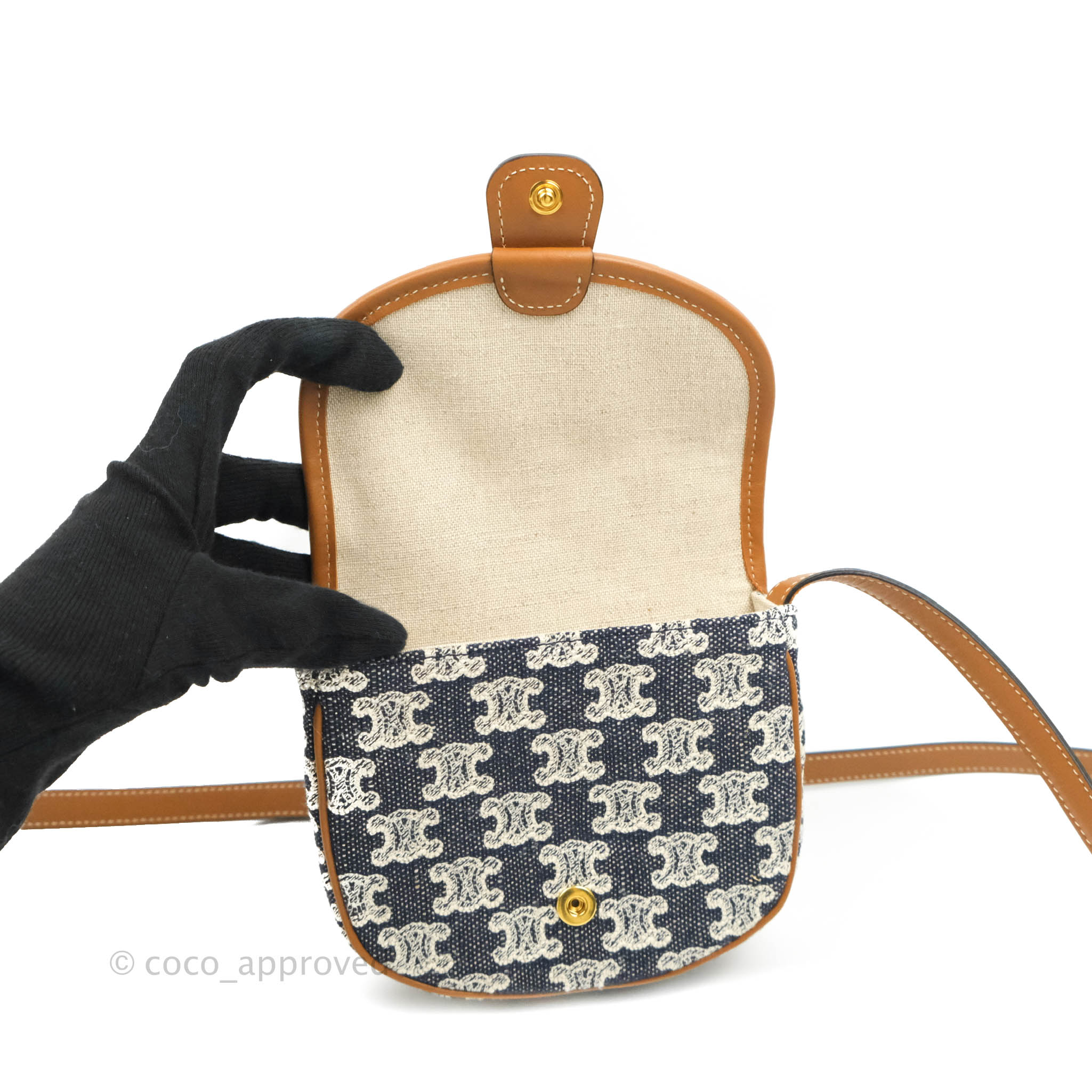Celine Mini Besace Bag in Navy Textile with Triomphe Embroidery Calfskin Leather - Stylish Crossbody Purse for Women, Perfect for Work, Travel & Everyday Use