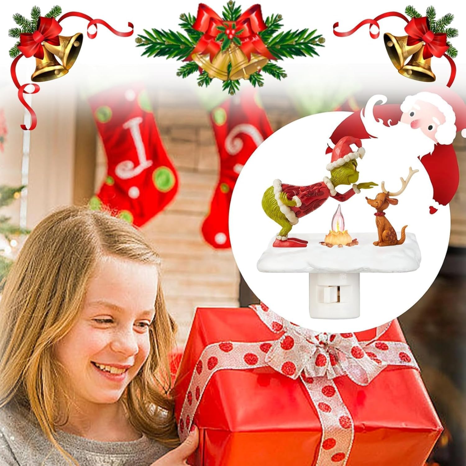 Griin-ch Christmas Decorations - Ghost Campfire Flickering Nightlight with Griin-ch and Dog Ornaments, Plug-in Wall Christmas Lights for Bedroom, Party, Living Room & Hallway | Holiday Home Decor & Cozy Ambiance Lighting