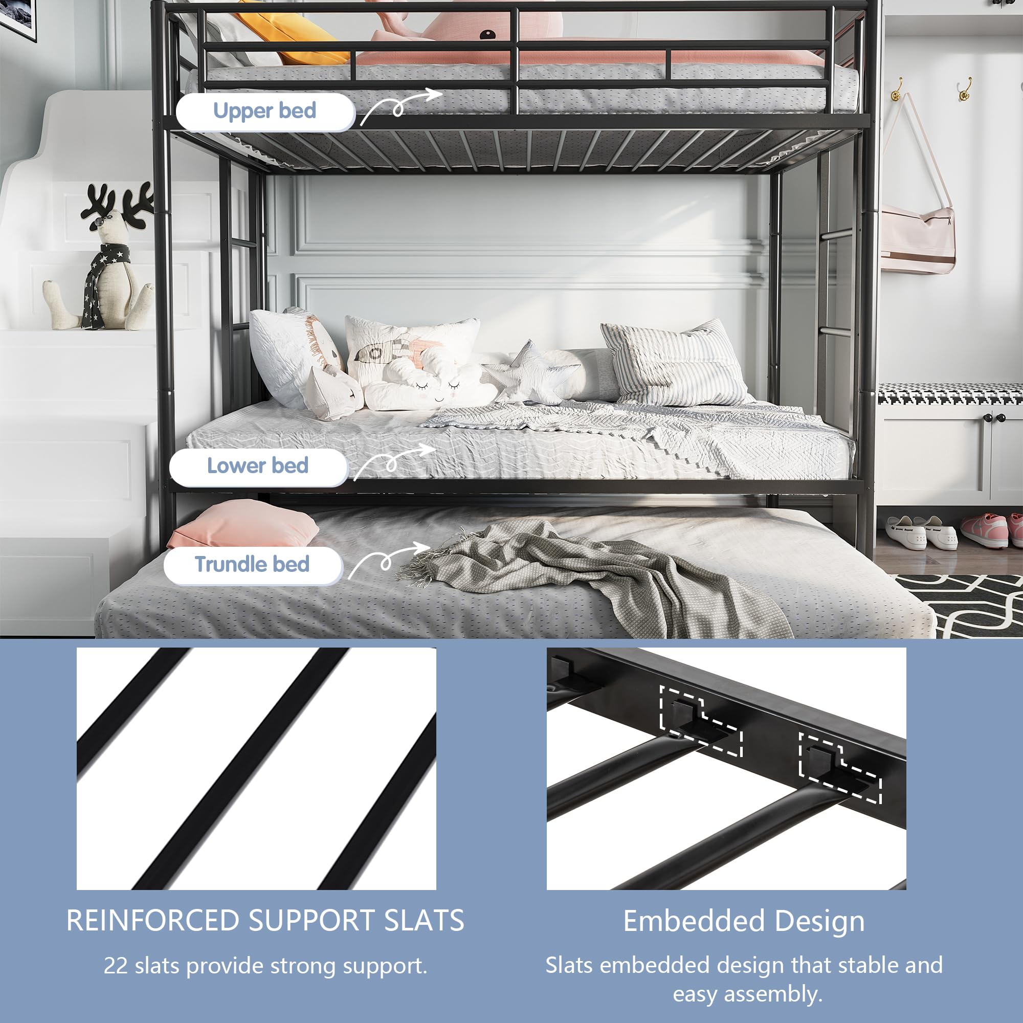Metal Twin Over Twin Bunk Bed with 2 Secure Ladders & Trundle Daybed - Space-Saving Loft Bed Frame with Safety Rails, Quiet Design for Small Rooms - Perfect for Kids' Bedrooms, Guest Rooms & Dormitories (Black)