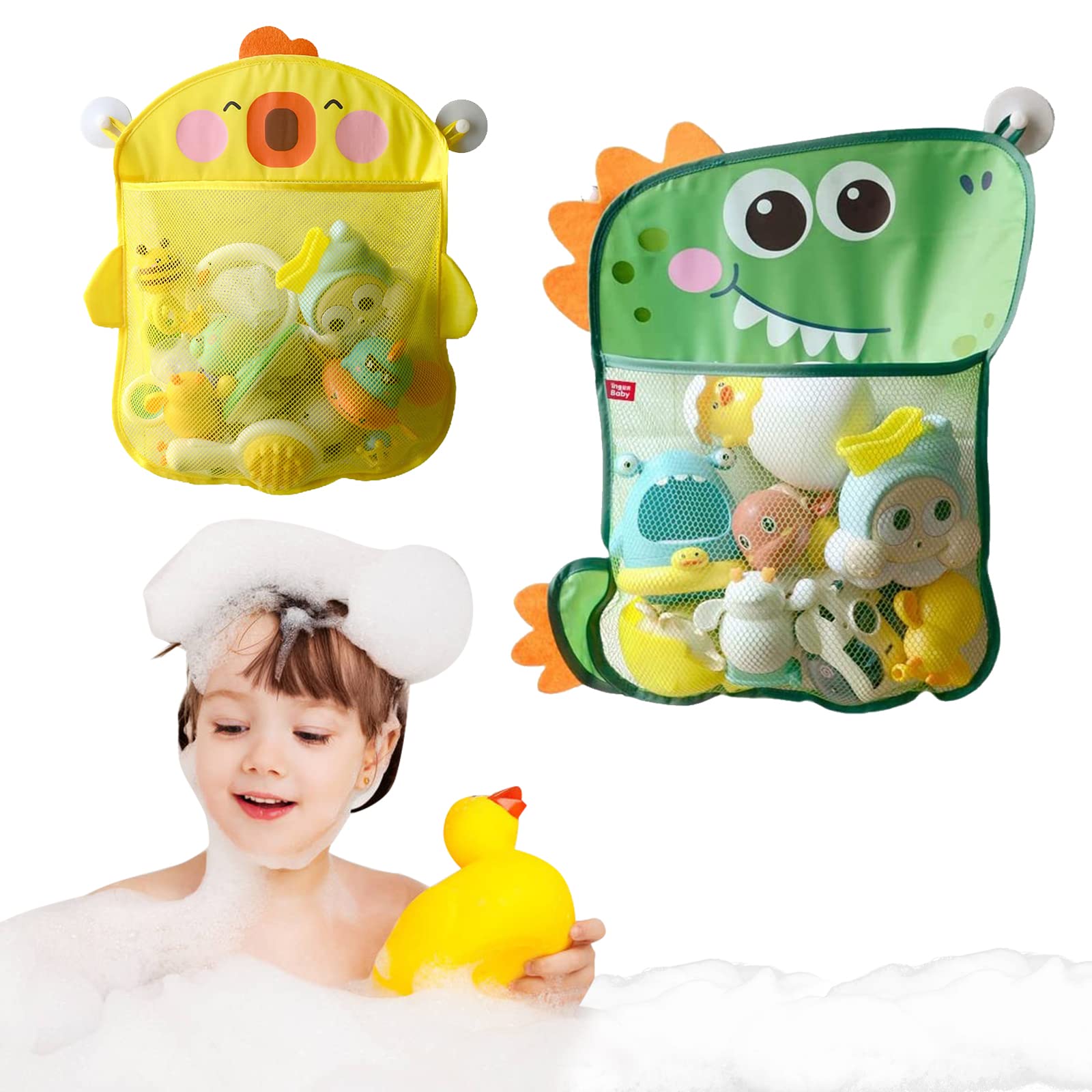2 Pack Duck & Dinosaur Mesh Bath Toy Organizer with 8 Strong Hooks - Waterproof Shower Storage Net for Kids Bath Toys - Perfect Toddler Bathtub Organizer (1-3 Years) for Bathroom, Nursery & Daycare Use