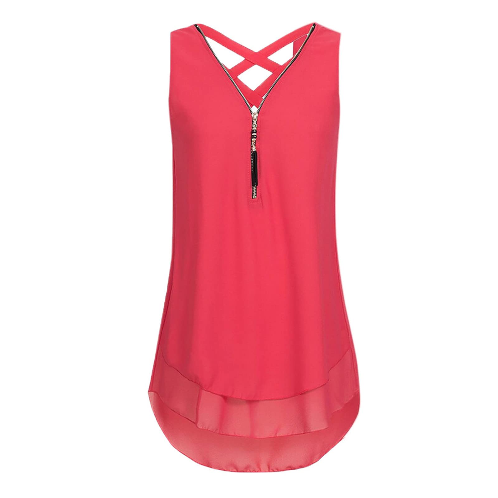 Women's Loose Sleeveless Cross Back Tank Top with V-Neck & Layered Hem - Casual Summer Tops for Beach, Gym, and Everyday Wear