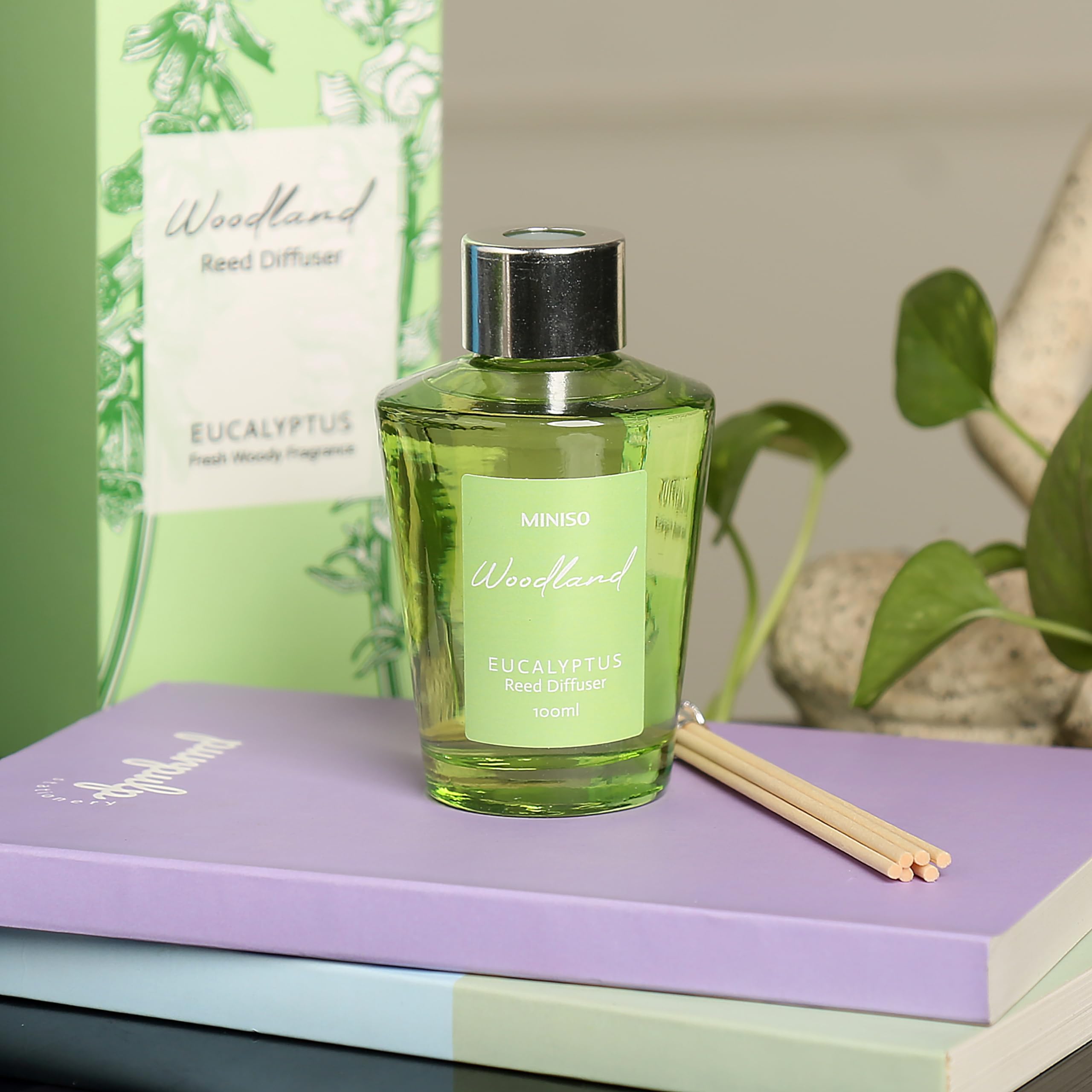 MINISO Woodland Home Fragrance Flameless Essential Oil Diffuser with Reeds - Aromatherapy Room Freshener for Bedroom, Living Room, Office | Eucalyptus Scent for Relaxation & Stress Relief
