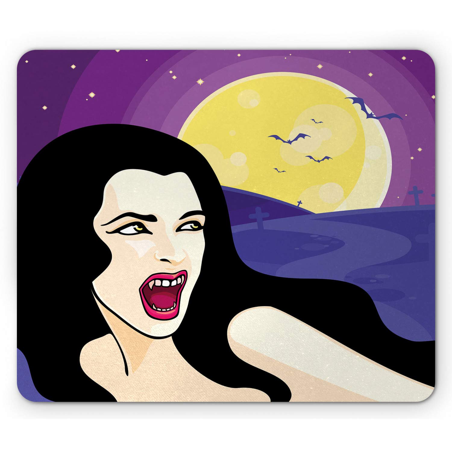 Ambesonne Halloween Mouse Pad - Vampire Girl Cemetery Night with Moon & Bats, Non-Slip Rubber Mousepad, Standard Size (Purple Lavender & Dark Grey) - Perfect for Gaming, Office & Halloween Decor