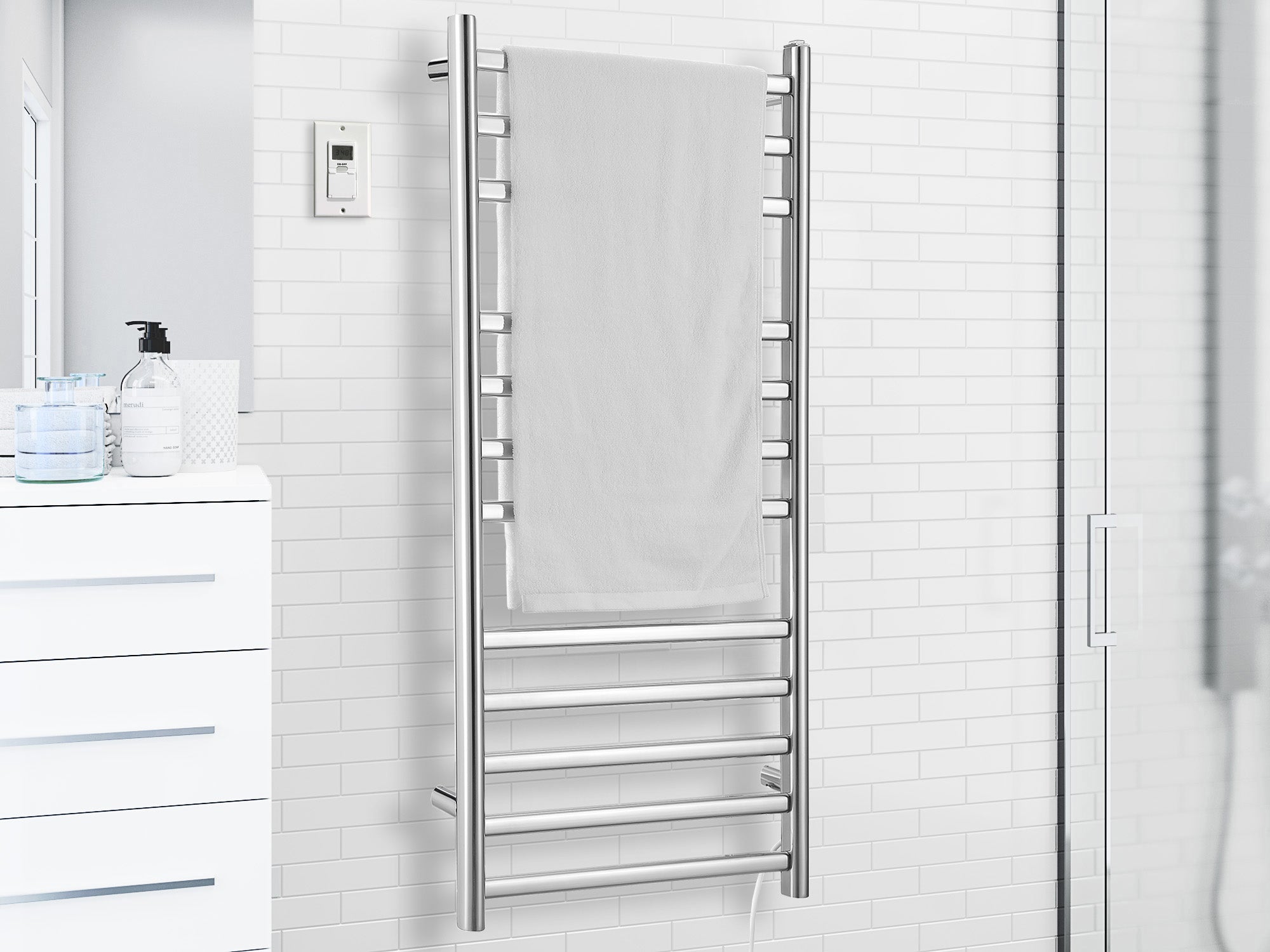 Prima Dual XL 12 Bar Hardwired & Plug-In Electric Towel Warmer - Polished Stainless Steel with Digital Wall Timer | Perfect for Bathrooms, Spas & Luxury Homes
