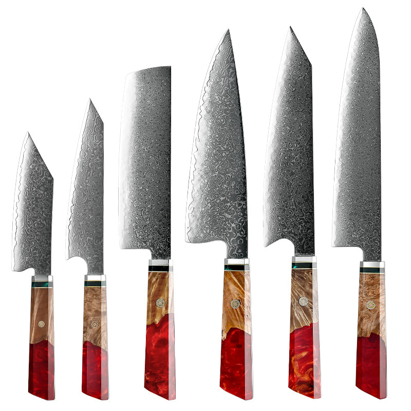 Premium 6-Piece Fury Knife Set - VG10 Damascus Steel Blades with Exotic Maple Burl Wood & Resin Handle - Perfect for Professional Chefs, Home Cooking & Outdoor Adventures