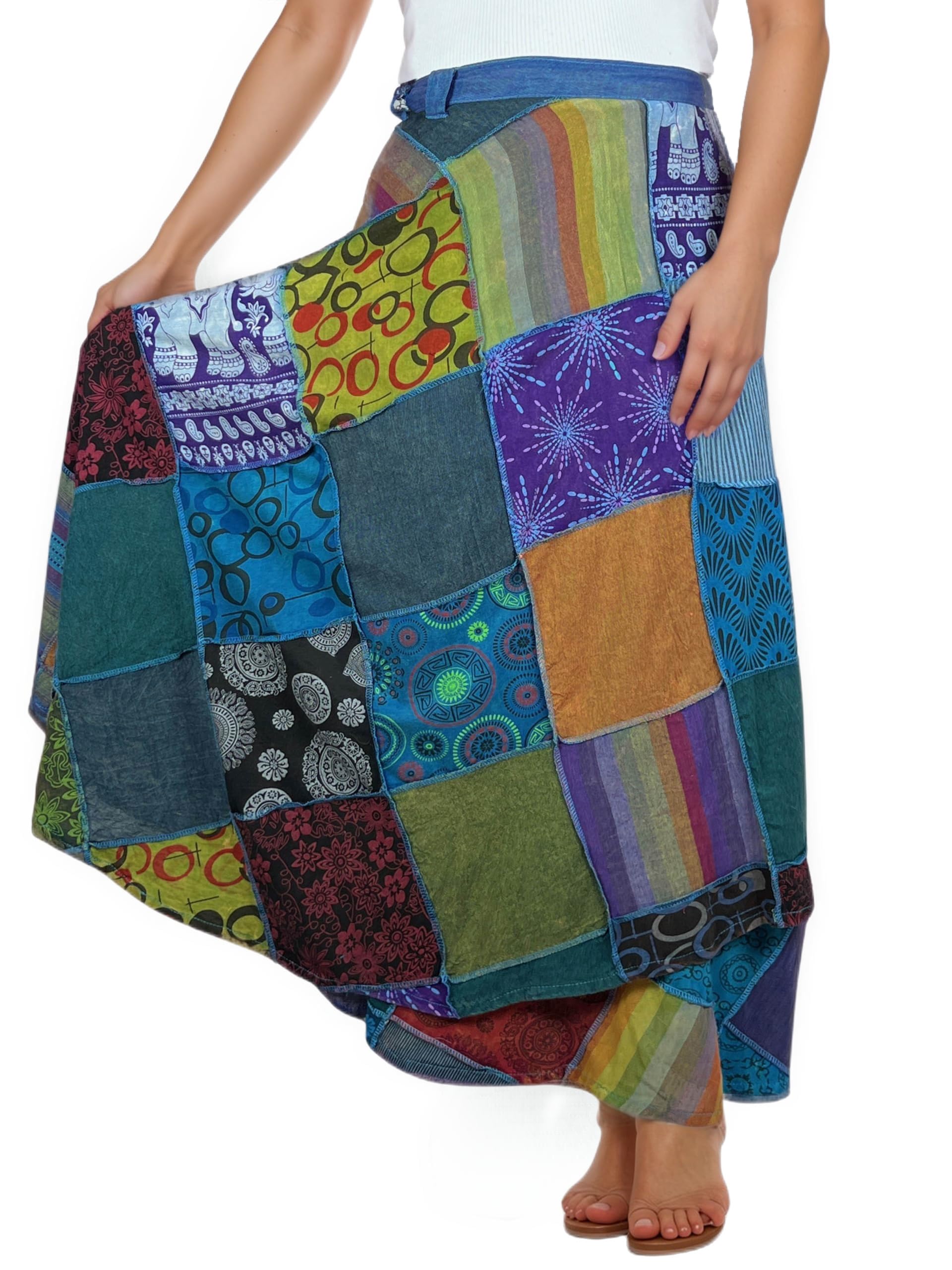 Agan Traders Women's 2025 Spring & Fall Boho Maxi Skirt - High Waisted Long Wrap Skirt with Patchwork & Tie-Up Design for Beach, Festival & Casual Wear