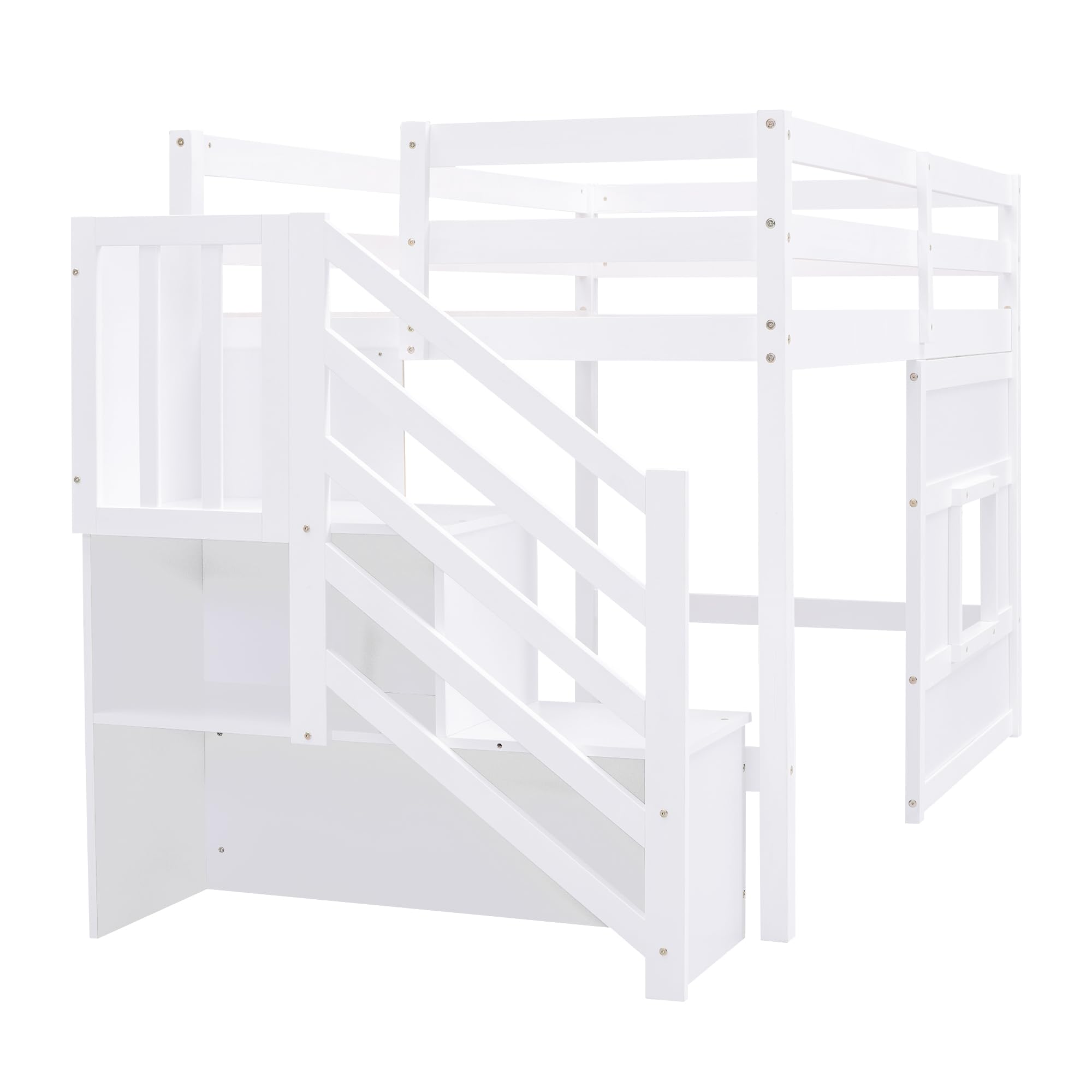 Bellemave Twin Size Low Loft Bed for Kids with Storage Staircase & Window - Sturdy Wooden Bed Frame for Teens, Boys & Girls - Space-Saving Kids Room Furniture for Small Bedrooms, Dorms & Playrooms (White)