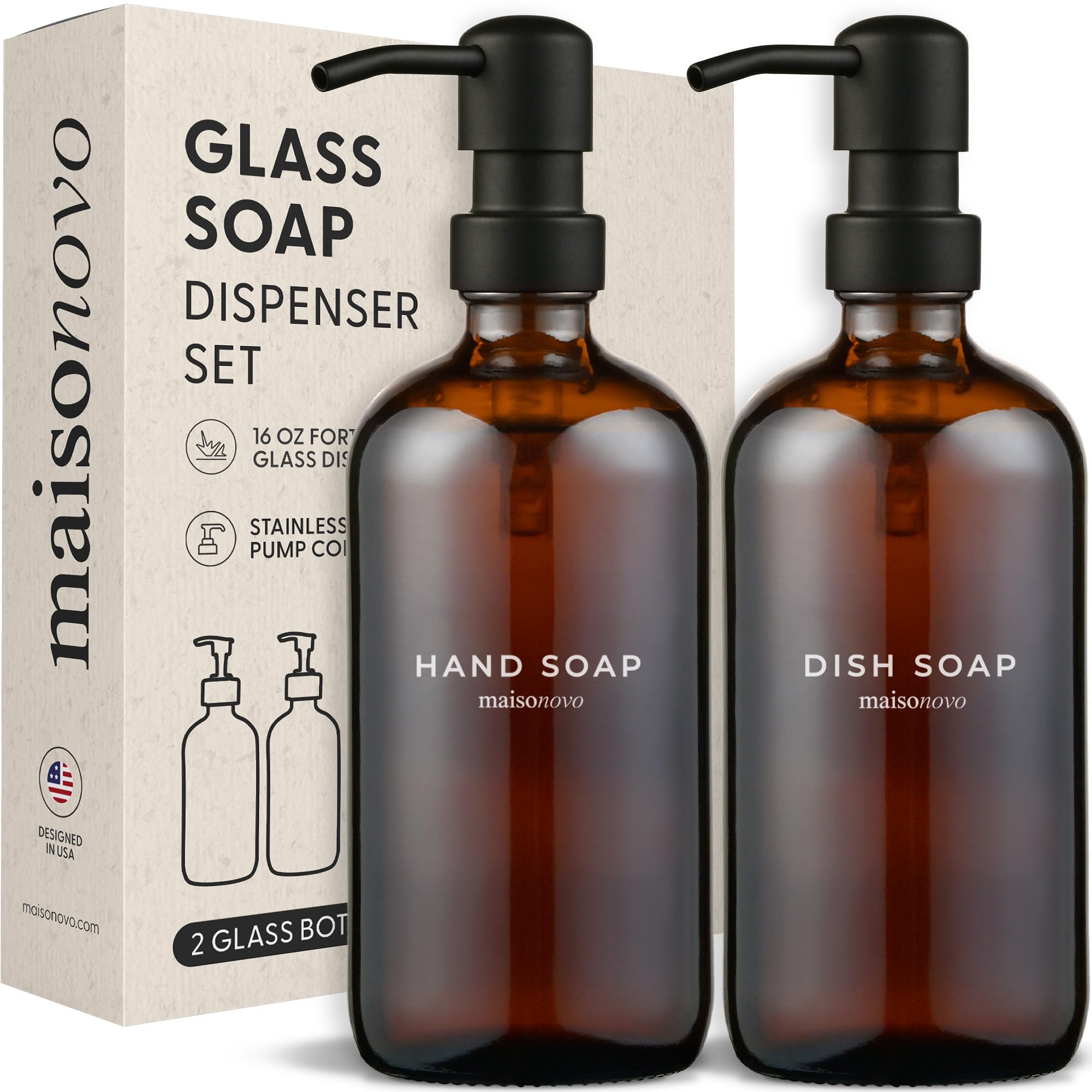 MaisoNovo 16.9oz Amber Glass Soap Dispenser Set with Black Stainless Steel Pump - 2 Piece Bathroom Liquid Hand Soap & Lotion Dispenser for Kitchen, Sink, Countertop, Vanity Decor