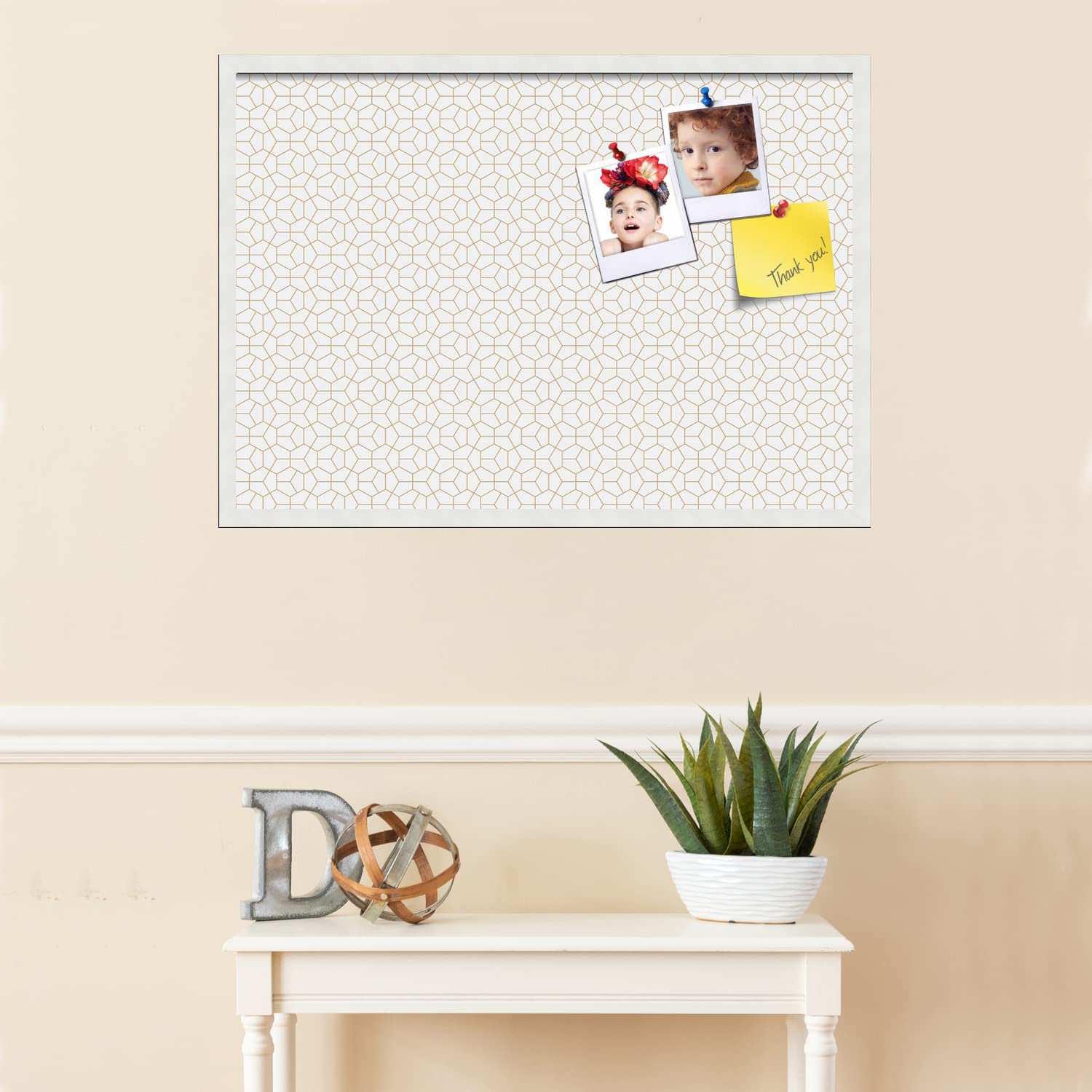 PinPix 34x24 Inch Cork Bulletin Board with Hex Gold Design & Satin White Frame - Decorative Wall Pin Board for Home Office School Decor - Perfect for Notes, Photos, Reminders & Vision Boards