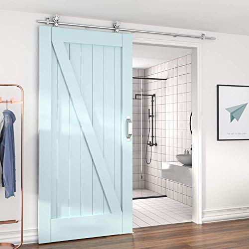 8FT Stainless Steel Sliding Barn Door Hardware Kit - Heavy Duty, Anti-Rust, Smooth & Quiet Operation for 42-48 Inch Wide Wooden Single Doors - Modern Farmhouse Style for Bedroom, Closet, or Living Room