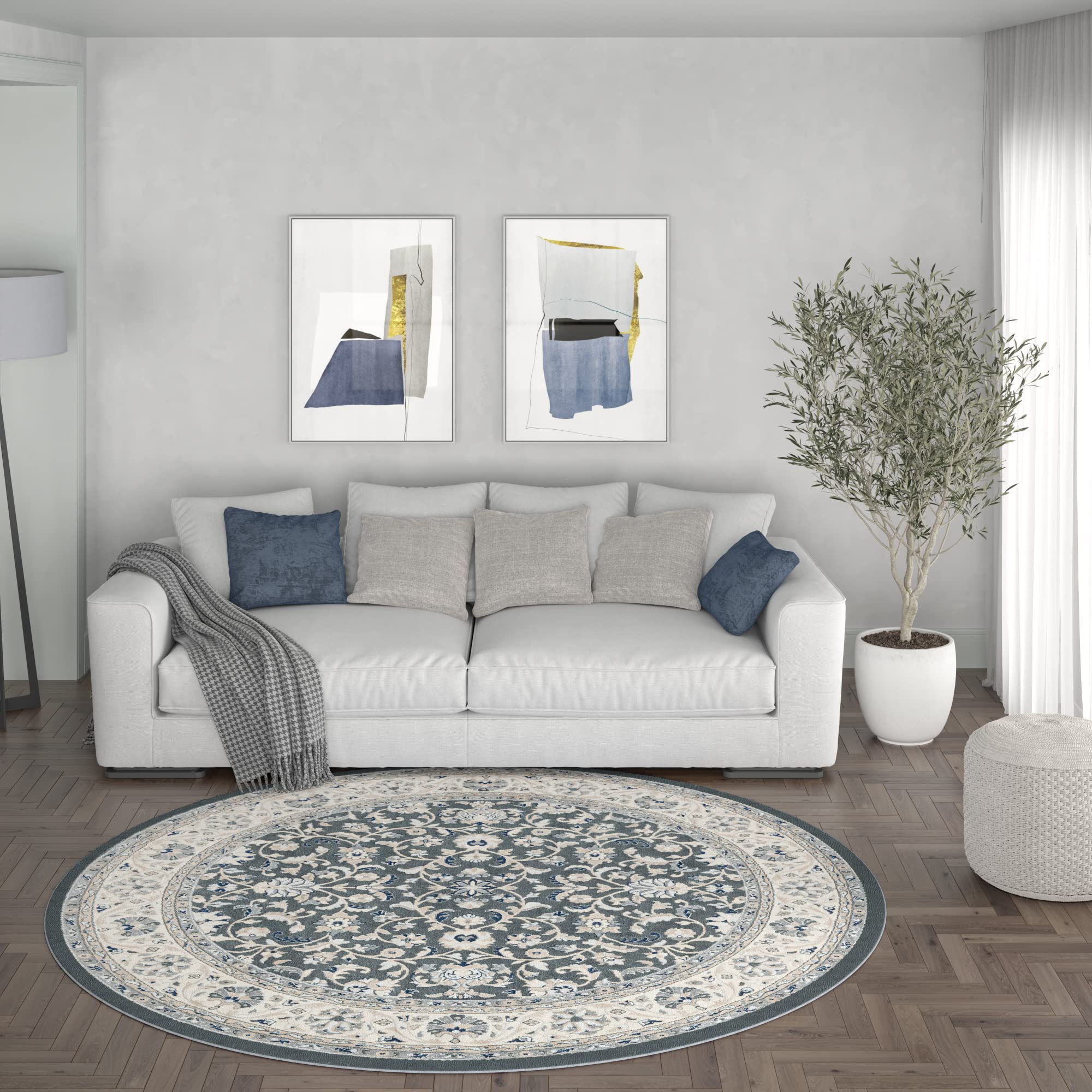 Gray Modern Large 8ft Round Area Rug - Contemporary Indoor Carpet for Living Room, Dining Room, Bedroom, Kitchen & Entryway - Soft Floor Mat for Home Decor & Comfort