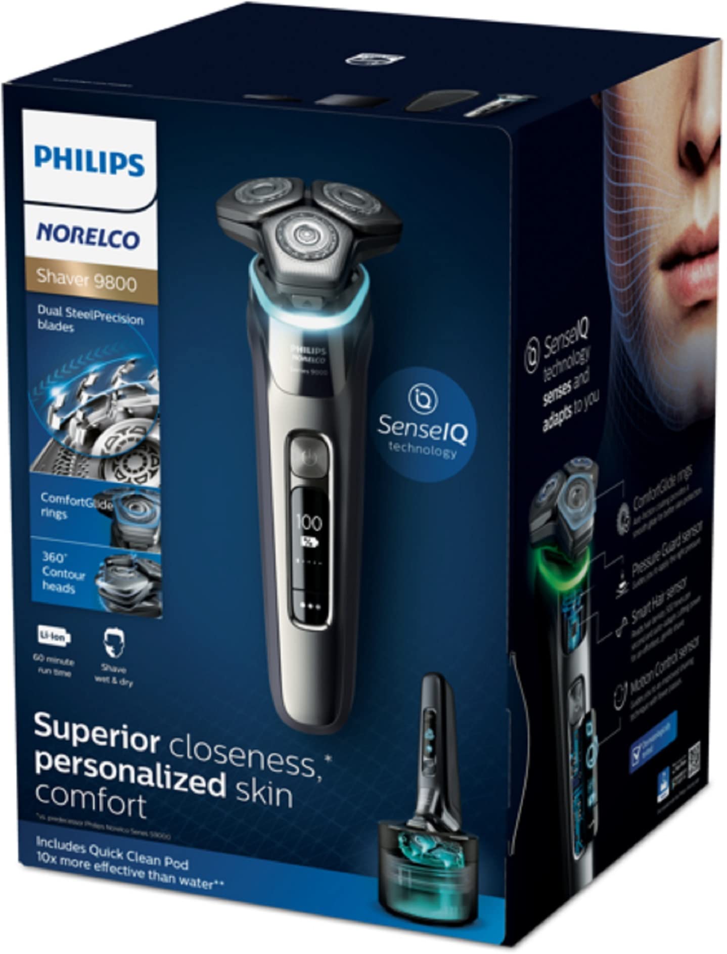 Philips Norelco Shaver 9800 Electric Razor with SmartClean System (Model S9987/85) & 2-Pack Quick Clean Pod Replacement Cartridges (CC12/52) - Wet/Dry Cordless Shaver for Men with Precision Trimmer - Perfect for Travel, Daily Grooming & Sensitive Skin Care