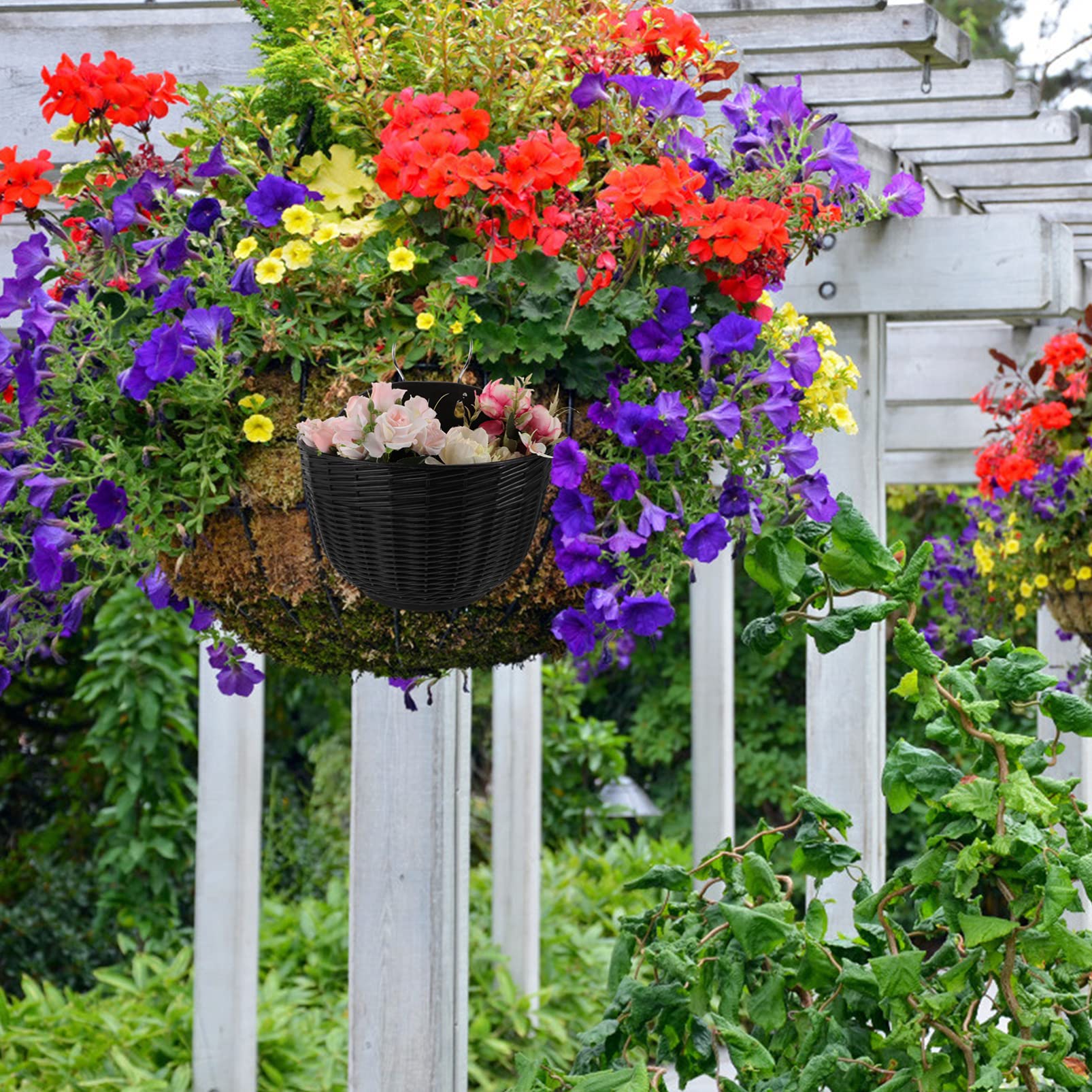 DOITOOL Black Plastic Rattan Wall Hanging Planter Basket - Half Moon Self Watering Flower Pot for Indoor/Outdoor Plants - Perfect for Porch, Balcony, Fence & Garden Decor