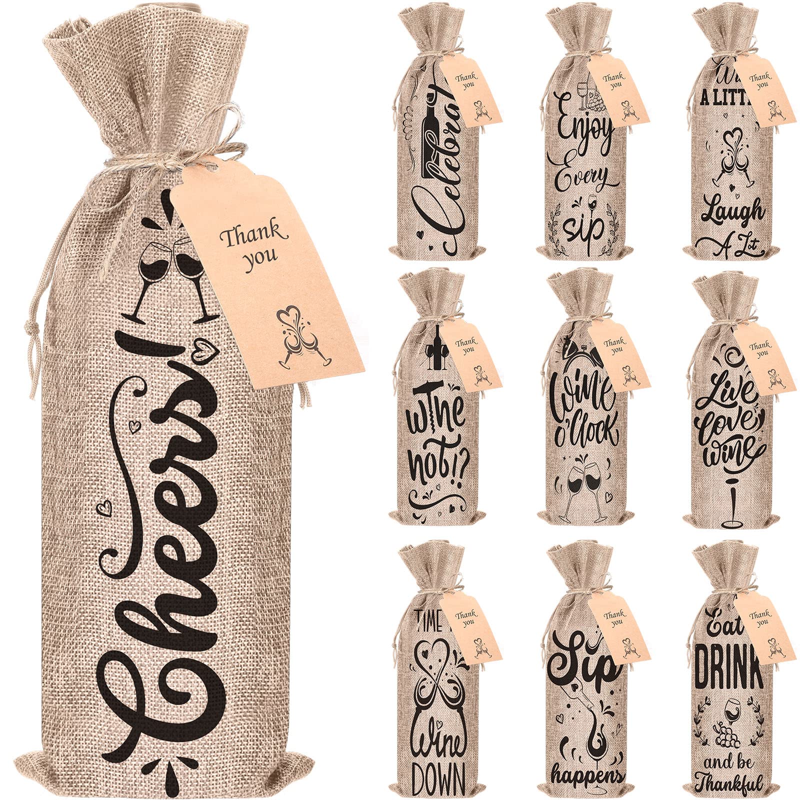 Shappy 10-Pack Natural Linen Wine Bottle Bags with Drawstring - Reusable Champagne Gift Bags for Wedding, Birthday & Party Favors - Perfect for Wine Gifts, Holiday Presents & Special Occasions