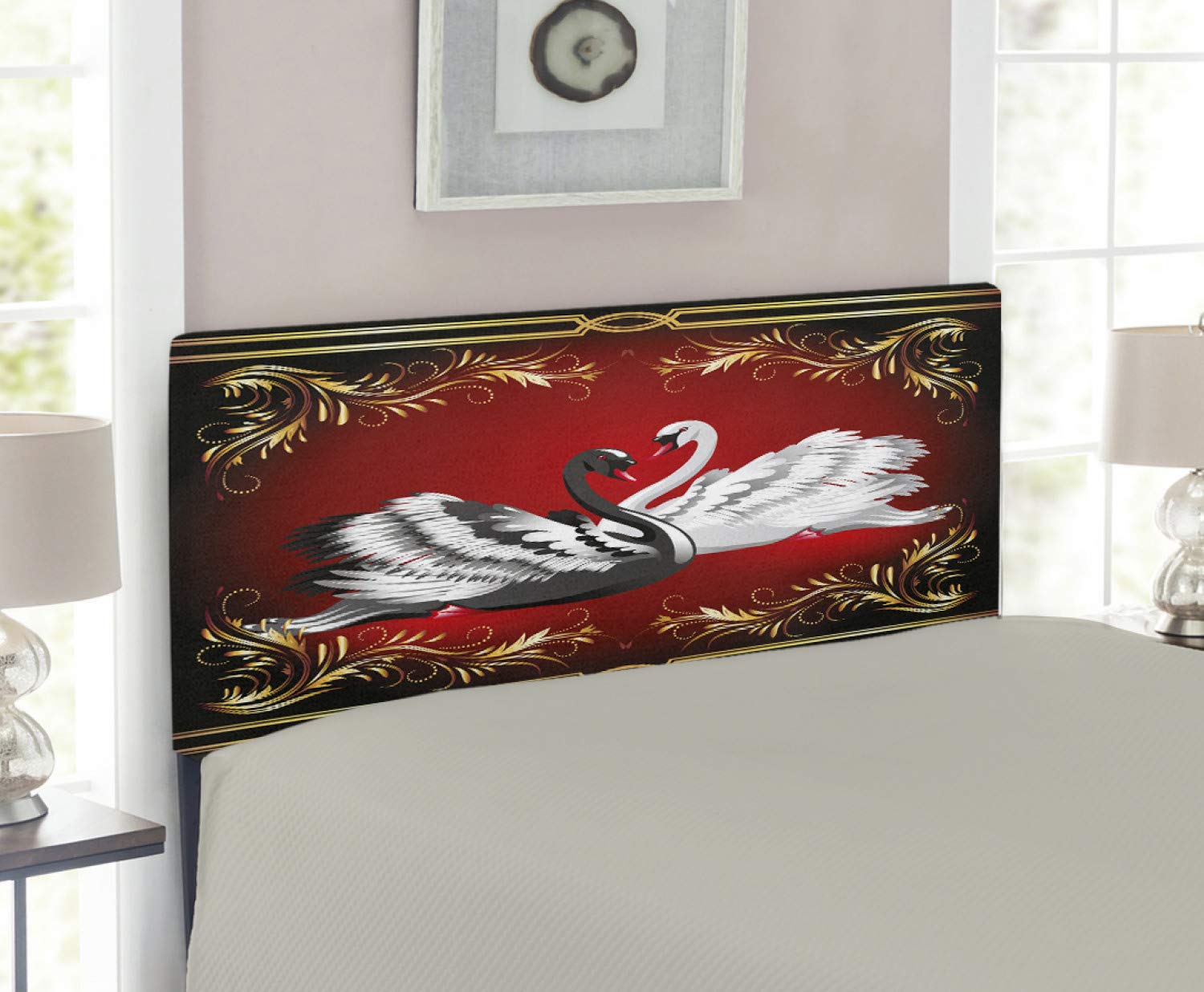 Ambesonne Black and White Swan Upholstered Headboard - Twin Size Metal Bed Frame with Memory Foam - Romantic Animal-Themed Decor for Bedroom - Perfect for Master Bedroom, Guest Room & Dormitory