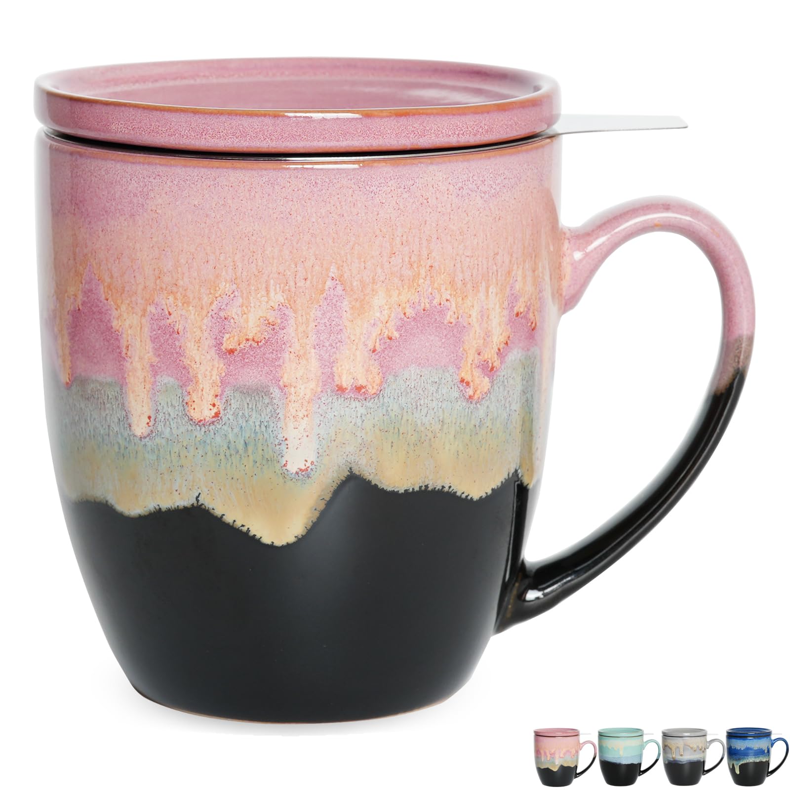 Bosmarlin 16 Oz Ceramic Tea Cup with Infuser, Lid & Strainer - Dishwasher & Microwave Safe Steeping Mug - 4 Colors (Pink) - Perfect for Loose Leaf Tea, Herbal Infusions & Office/Home Use