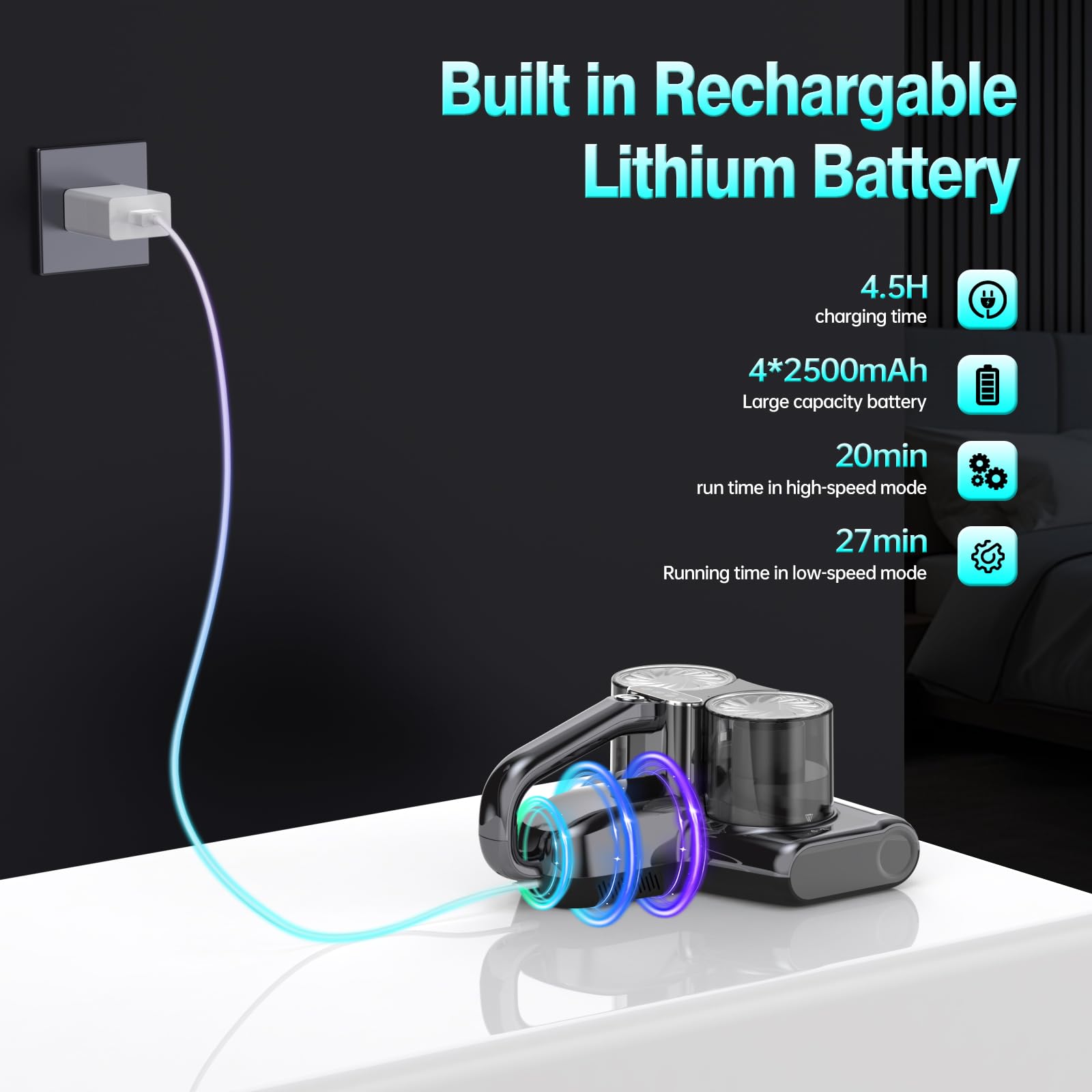 Cordless Mattress Vacuum Cleaner with 16KPa Suction & 253.7nm UV-C Light - Ultrasonic Technology, HEPA Filtration, 4*2500mAh Battery, High/Low Modes - Perfect for Bed, Sofa, Carpet & Pet Hair Removal