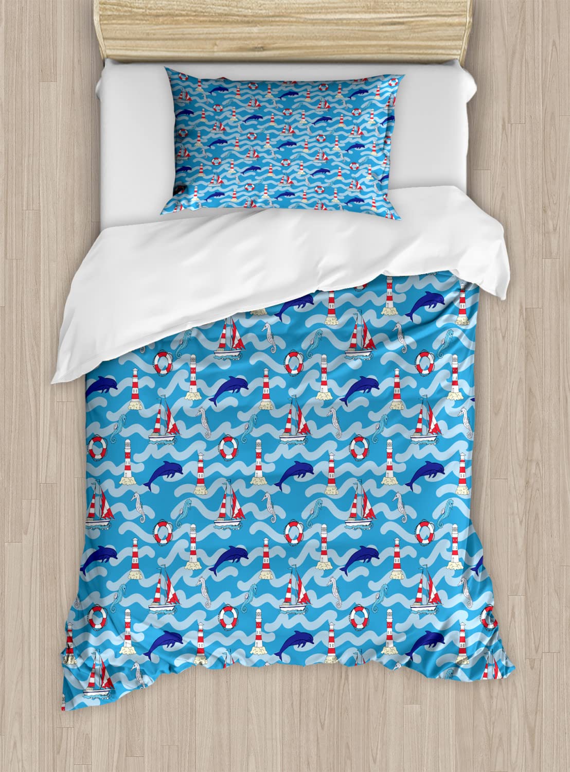 Ambesonne Lighthouse Duvet Cover Set - Twin Size 2-Piece Blue Navy Red Marine Theme with Dolphins, Seahorses & Boats - Coastal Bedroom Decor for Summer Beach House or Nautical Nursery