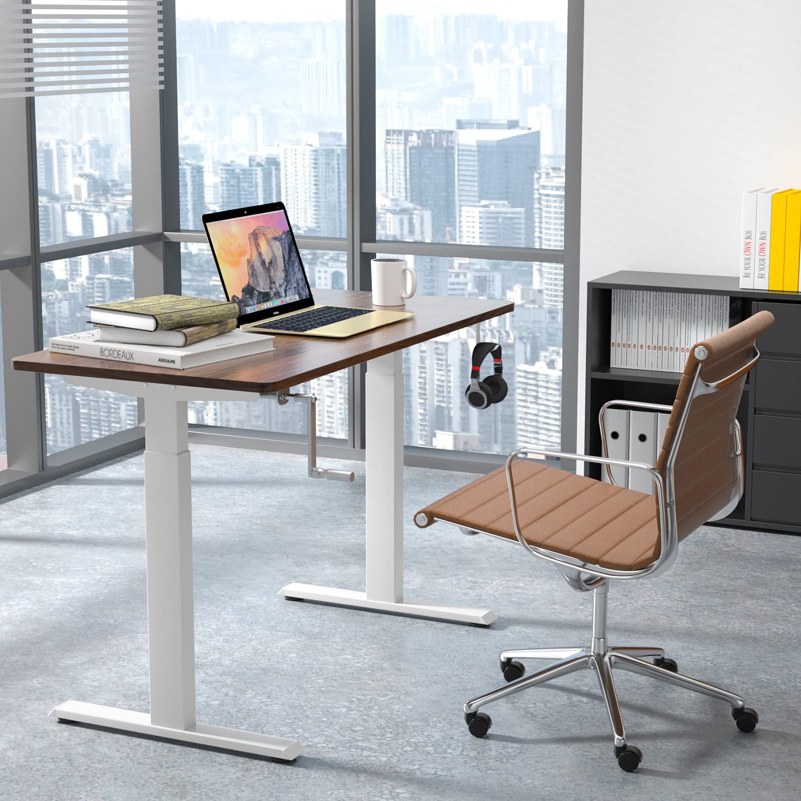 COSTWAY Manual Crank Standing Desk Frame - Adjustable Sit to Stand Workstation Base with Ergonomic Foldable Handle, Cable Management & Hook | Home Office, Study, Workspace (White)