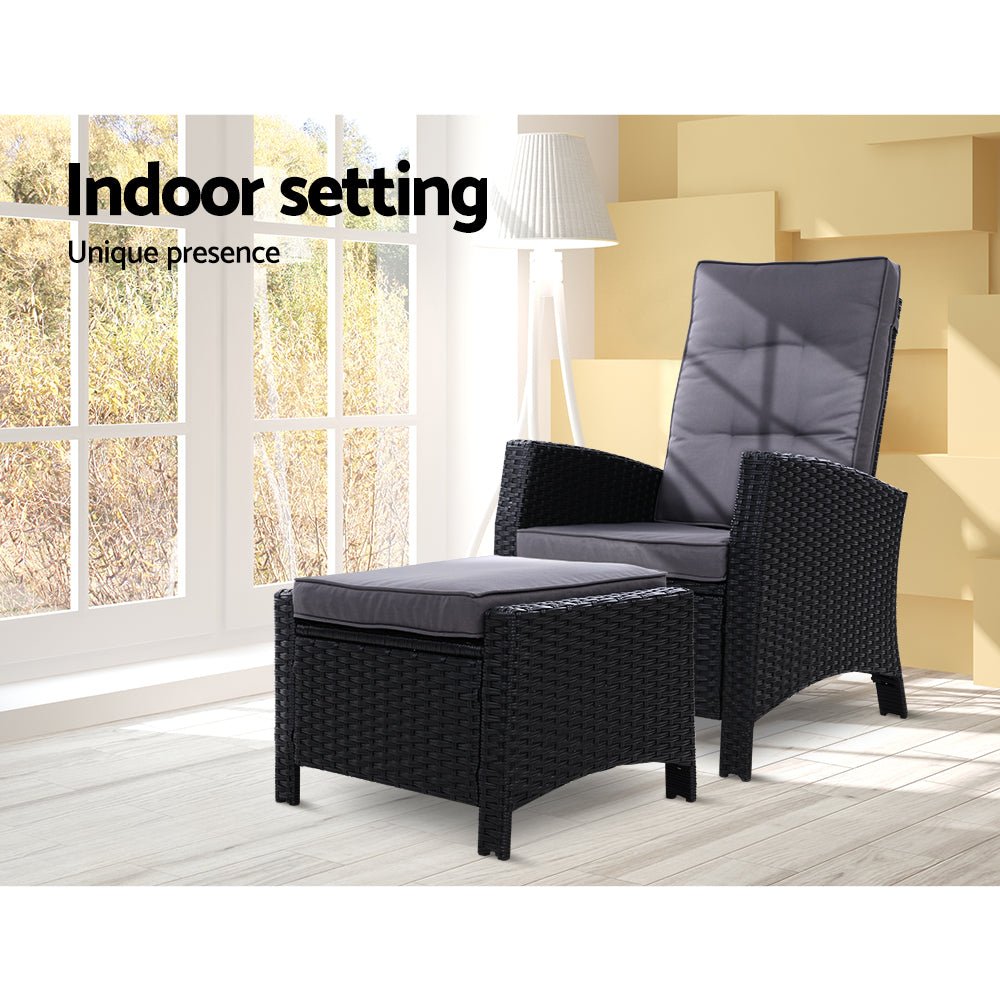 Elise Outdoor Recliner Chair with Ottoman - Patio Lounge Chair, Black - Perfect for Backyard, Poolside & Garden Relaxation