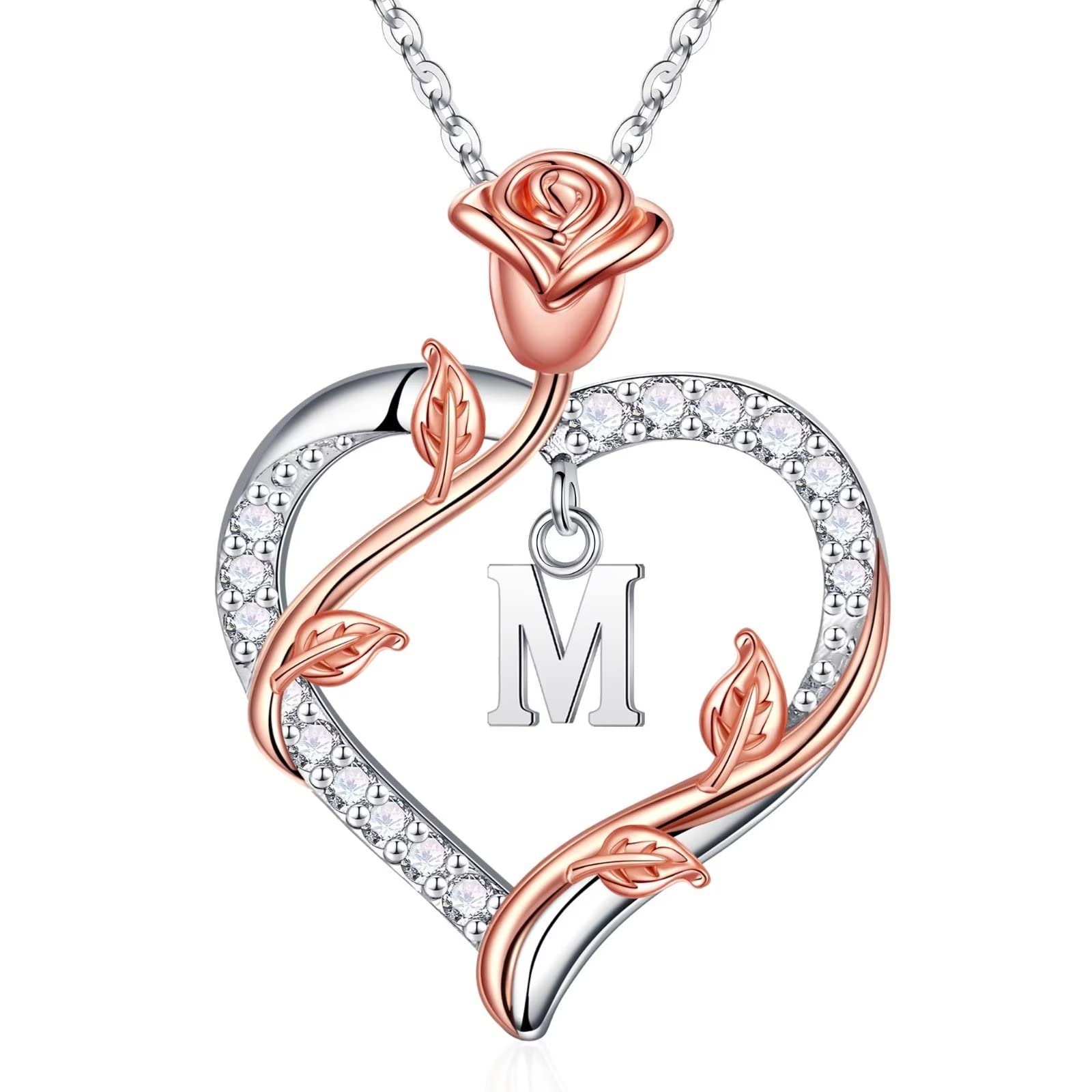 Rose Heart Initial Necklace for Women - 925 Sterling Silver Personalized Jewelry Gift for Wife, Girlfriend, Mom | Anniversary, Birthday, Valentine's Day Present | Perfect for Date Night, Wedding, Mother's Day