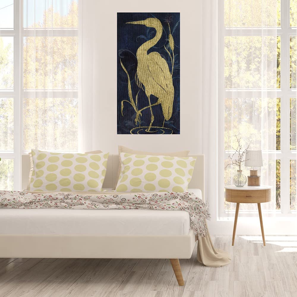 Janet Tava Egret on Indigo II Fine Art Canvas Print - 29x56 Inch Ready to Hang Wall Decor for Living Room, Bedroom, Office & More - Elegant Home Decor for Modern Spaces