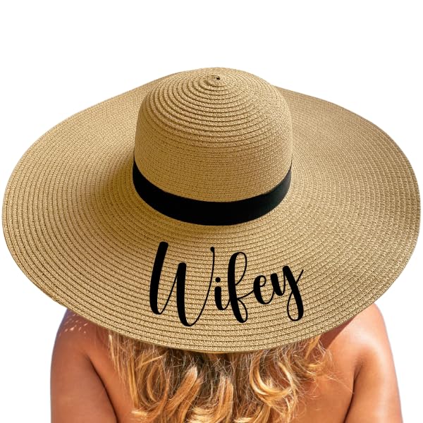 Women's Wide Brim Sun Hat - Adjustable Beach Hat for Brides, Honeymoon & Vacation - Natural Tan Wifey Hat | Perfect for Weddings, Beach Trips & Outdoor Activities