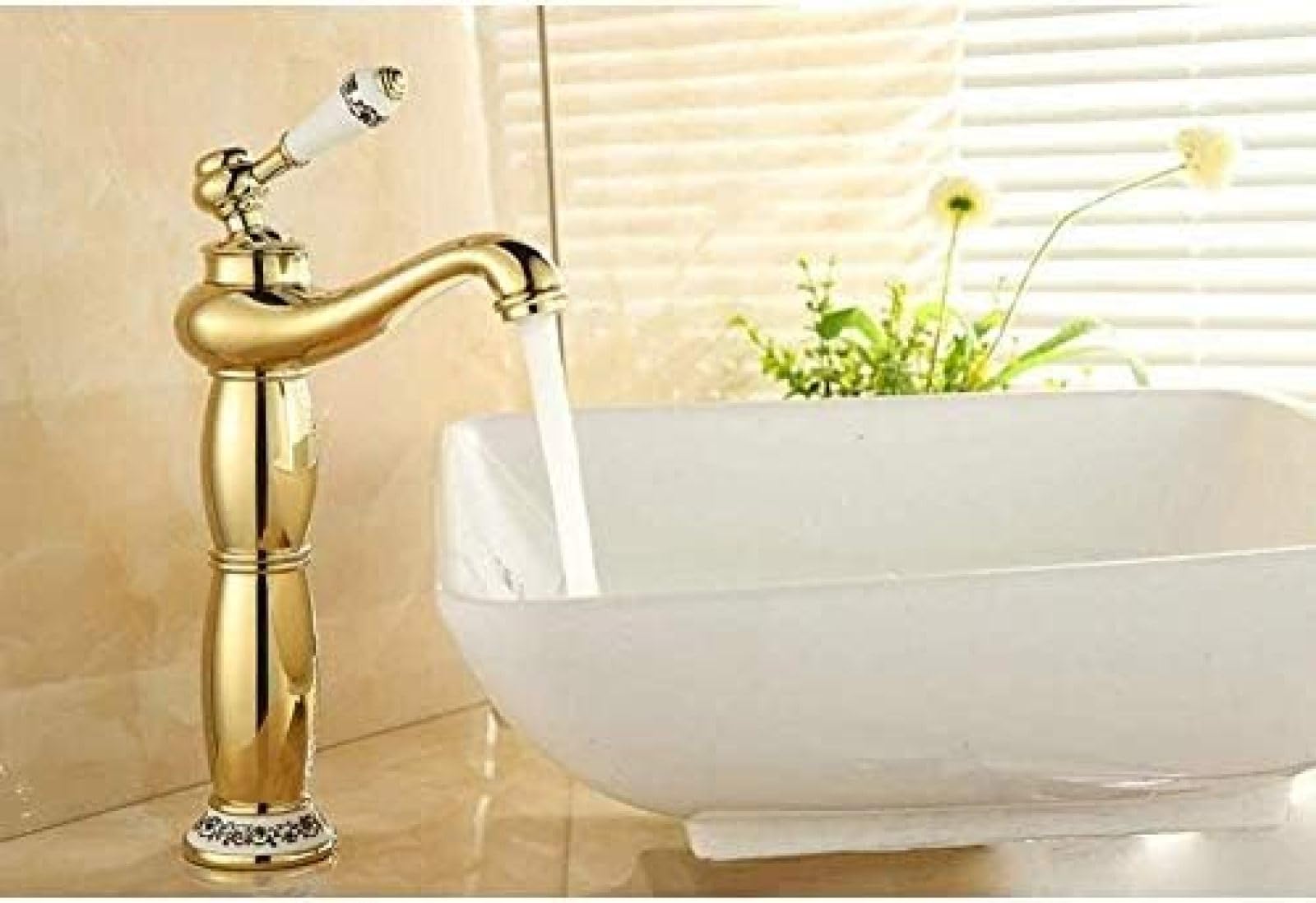 CRJUS Gold Plated Deck Mount Single Lever Mixer Tap - Hot & Cold Water Kitchen & Bathroom Basin Faucet - Perfect for Modern Home & Commercial Use