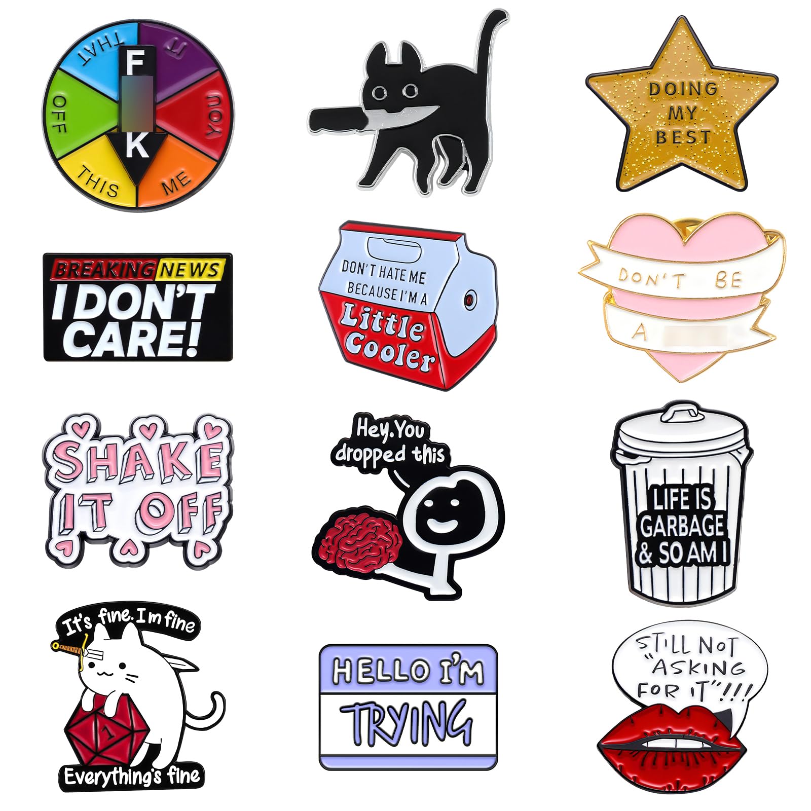 Pibupibu 12 Pack Fun Enamel Pins Set - Cute Cartoon Brooches for Backpacks, Jackets, Hats & Bags | Novelty Mood Pins, Art Accessories & Cool Gifts for Teens, Students & Collectors | Perfect for School, Work, Parties & Everyday Fashion