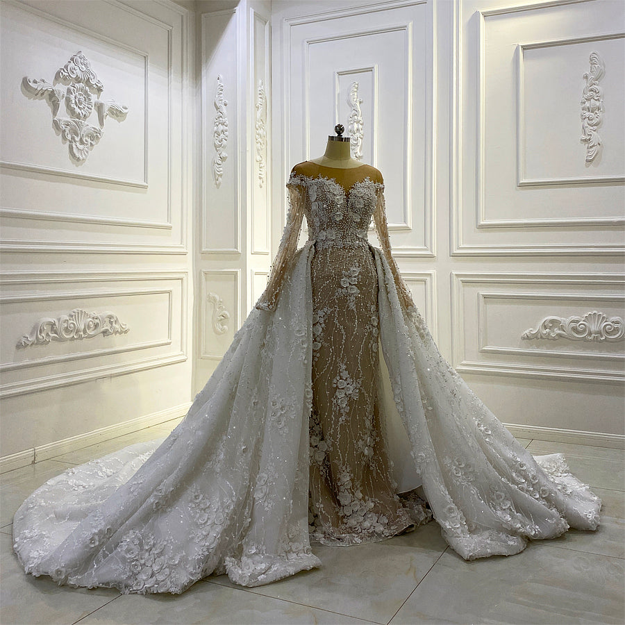 Elegant Long Sleeve Lace Wedding Dress with 3D Floral Applique & Detachable Skirt - Pearl Embellished Bridal Gown for Church, Garden & Beach Weddings