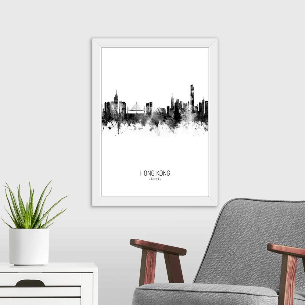 Hong Kong Skyline White Framed Art Print - Modern Cityscape Wall Decor for Living Room, Office & Bedroom - Perfect Gift for Travel Lovers & Home Decor Enthusiasts