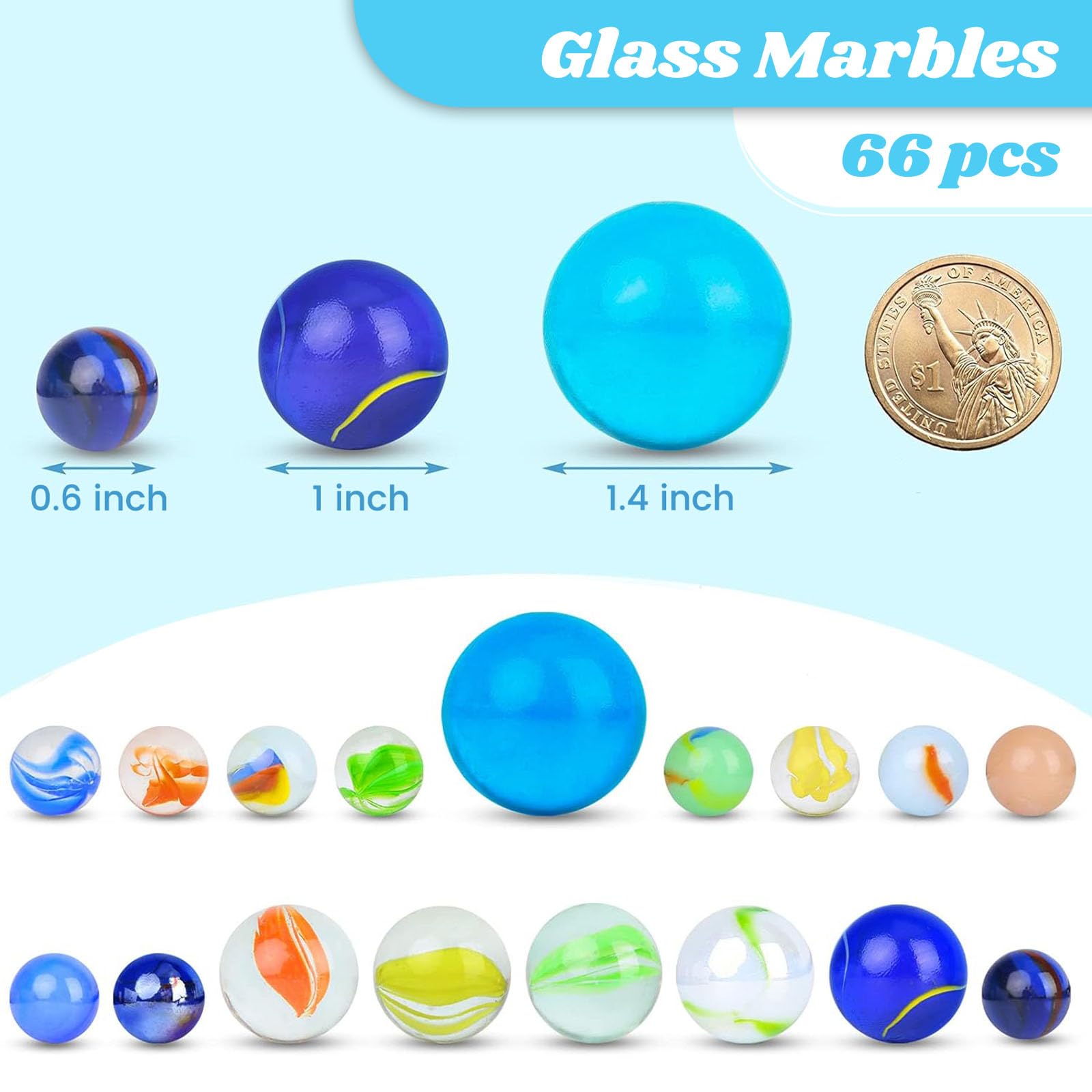 66PCS Glass Marbles Bulk Set - 3 Sizes & Assorted Colors for Kids Toys, DIY Crafts, Home Decor | Perfect for Marble Games, Vase Fillers, and Art Projects