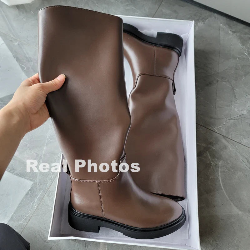 FEDONAS Women's Genuine Leather Knee High Boots with Thick Heel - Warm Winter Riding Boots for Autumn & Winter - Perfect for Motorcycle Riding, Office Wear & Cold Weather Fashion