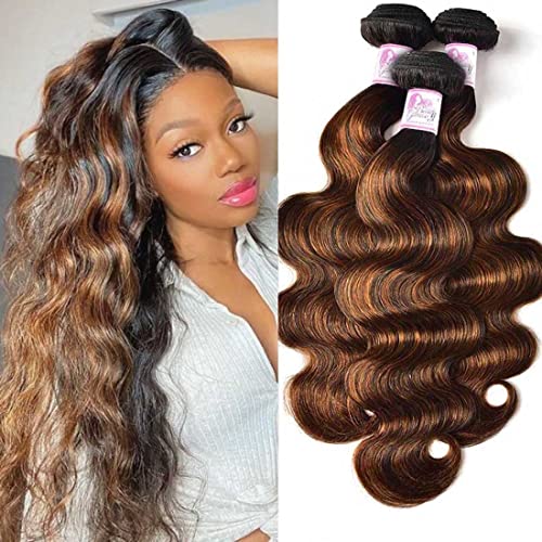 Beauty Forever FB30 Highlight Indian Body Wave Human Hair Weave 3 Bundles (8/10/12 Inch) - Balayage Ombre Blonde Remy Human Hair Extensions for Sew-In - Natural Wavy Weft Hair for Volume & Length - Perfect for Daily Styling, Parties & Special Occasions