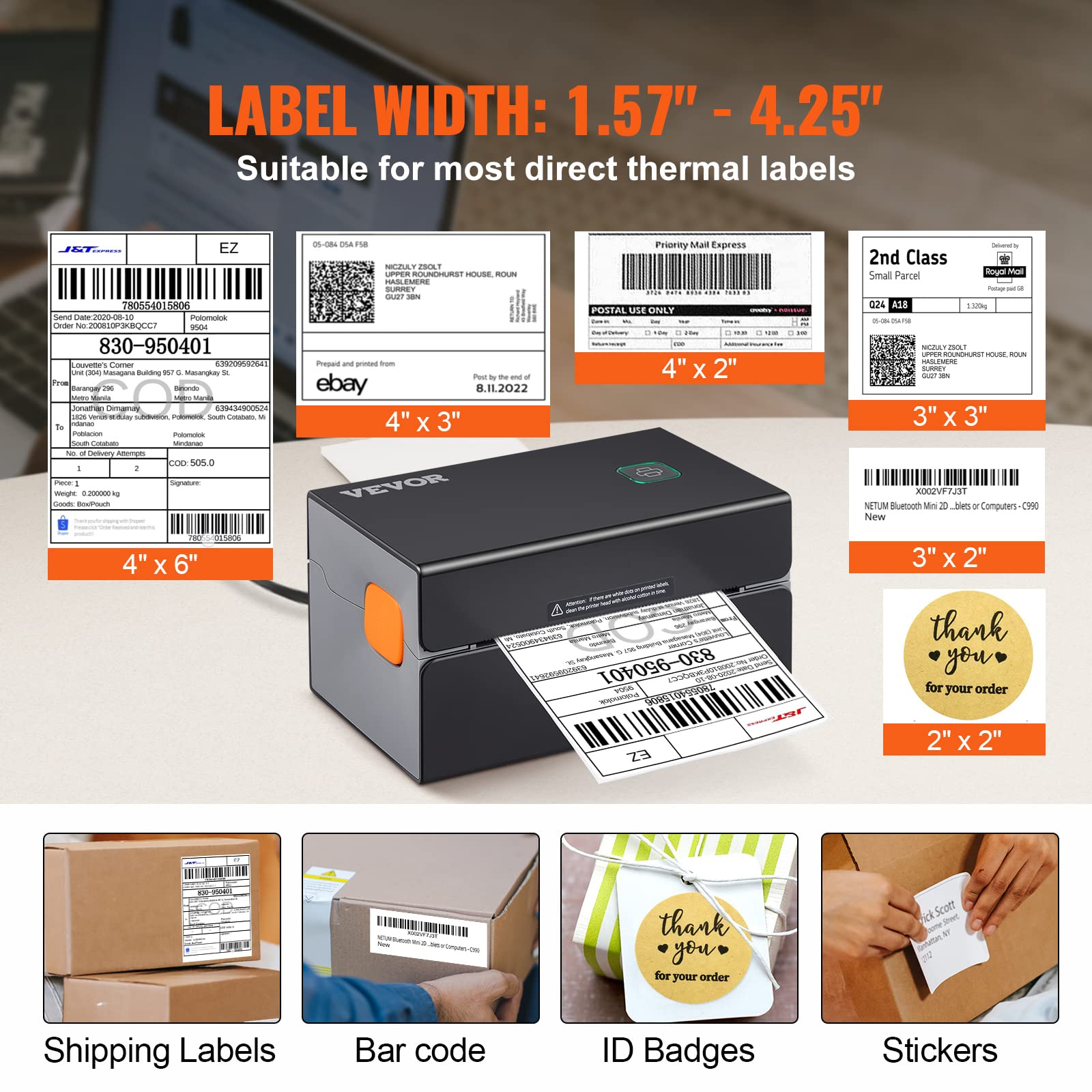 VEVOR 4x6 HD 300DPI Thermal Label Printer for Shipping & Barcodes - Auto Label Detection, USB & Wireless, Works with Windows/Mac/Linux/Chromebook - Perfect for Amazon FBA, eBay, Shopify, Etsy, USPS, UPS, FedEx - Home Office & Small Business Packaging Solution