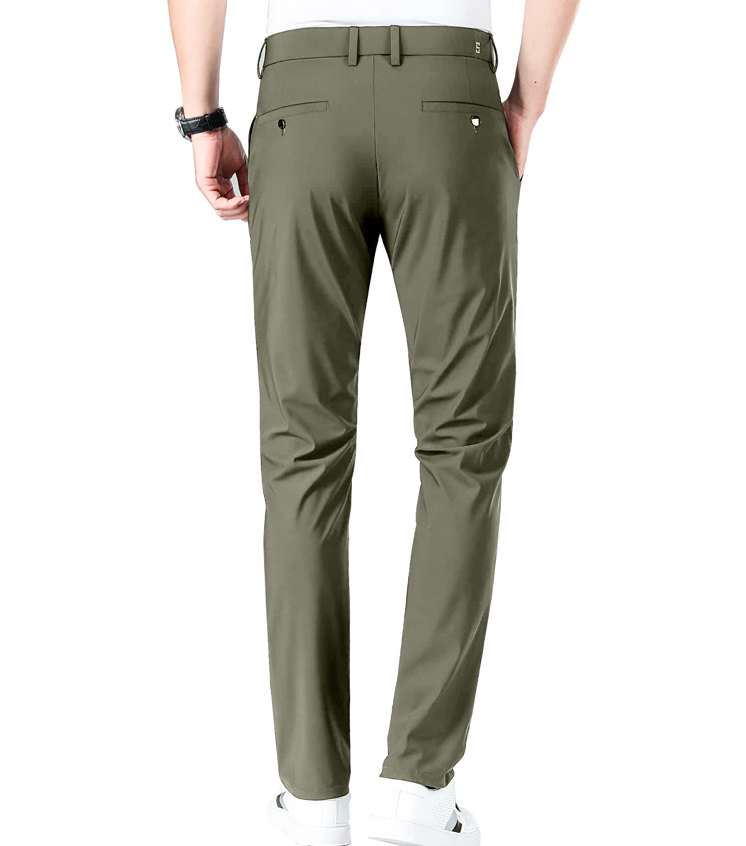 LUSHENUNI Men's Slim Fit Stretch Golf Pants - Breathable Ice Silk Dress Pants with Expandable Waist for Comfort & Performance | Perfect for Golfing, Office Wear & Casual Outings