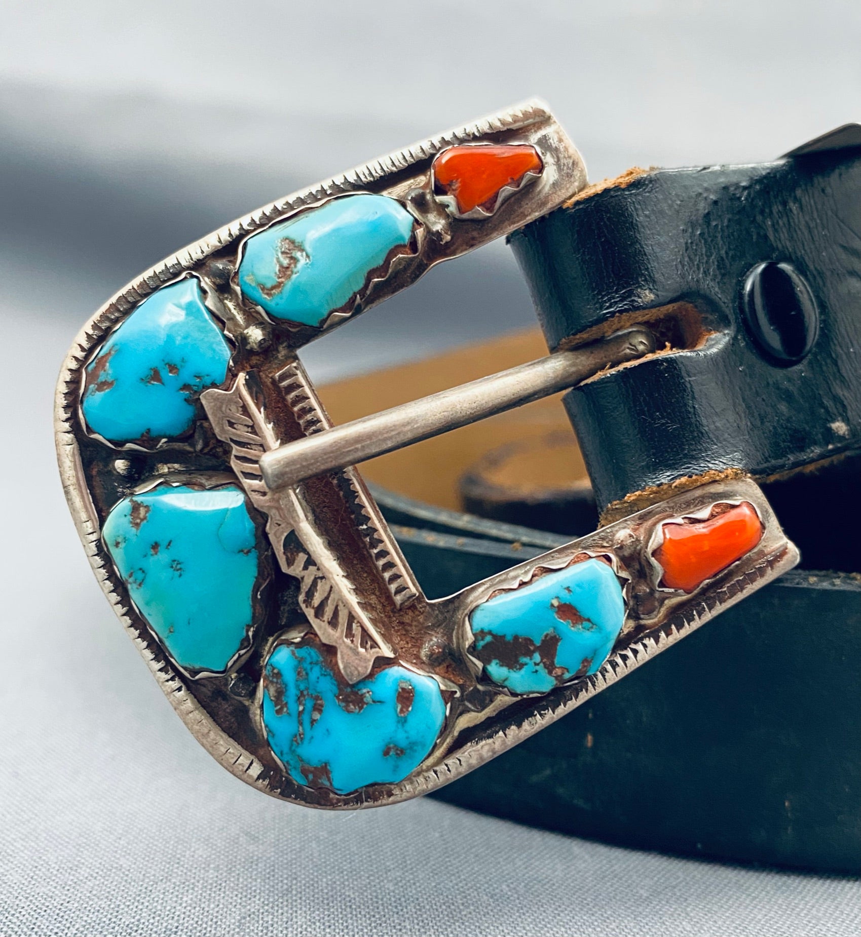 Vintage Native American Zuni Morenci Turquoise Coral Sterling Silver Belt by Angelita Cheama - Handcrafted Jewelry for Women, Perfect for Boho Fashion, Festivals & Special Occasions