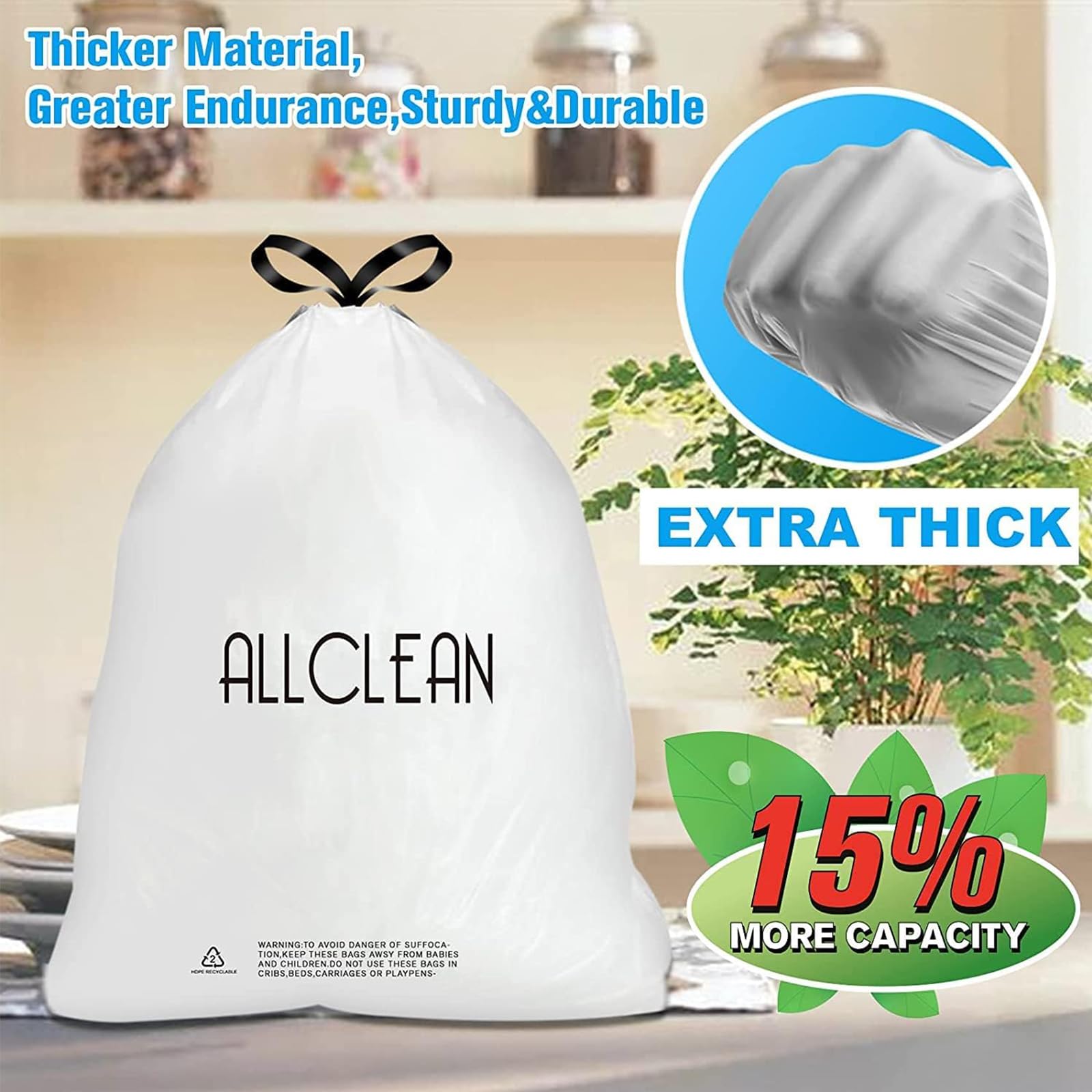 13-15 Gallon Tall Kitchen Trash Bags with Drawstring - Ultra Strong Recyclable Unscented Garbage Can Liners (30 Count) - Perfect for Home Kitchen, Office & Commercial Use