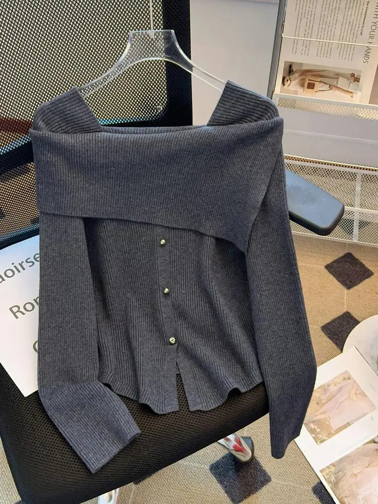Korean Black Square Neck Long Sleeve Sweater for Women - Winter Warm Knit Top with Single Breasted Design | Perfect for Office Wear, Casual Outfits and Holiday Dressing