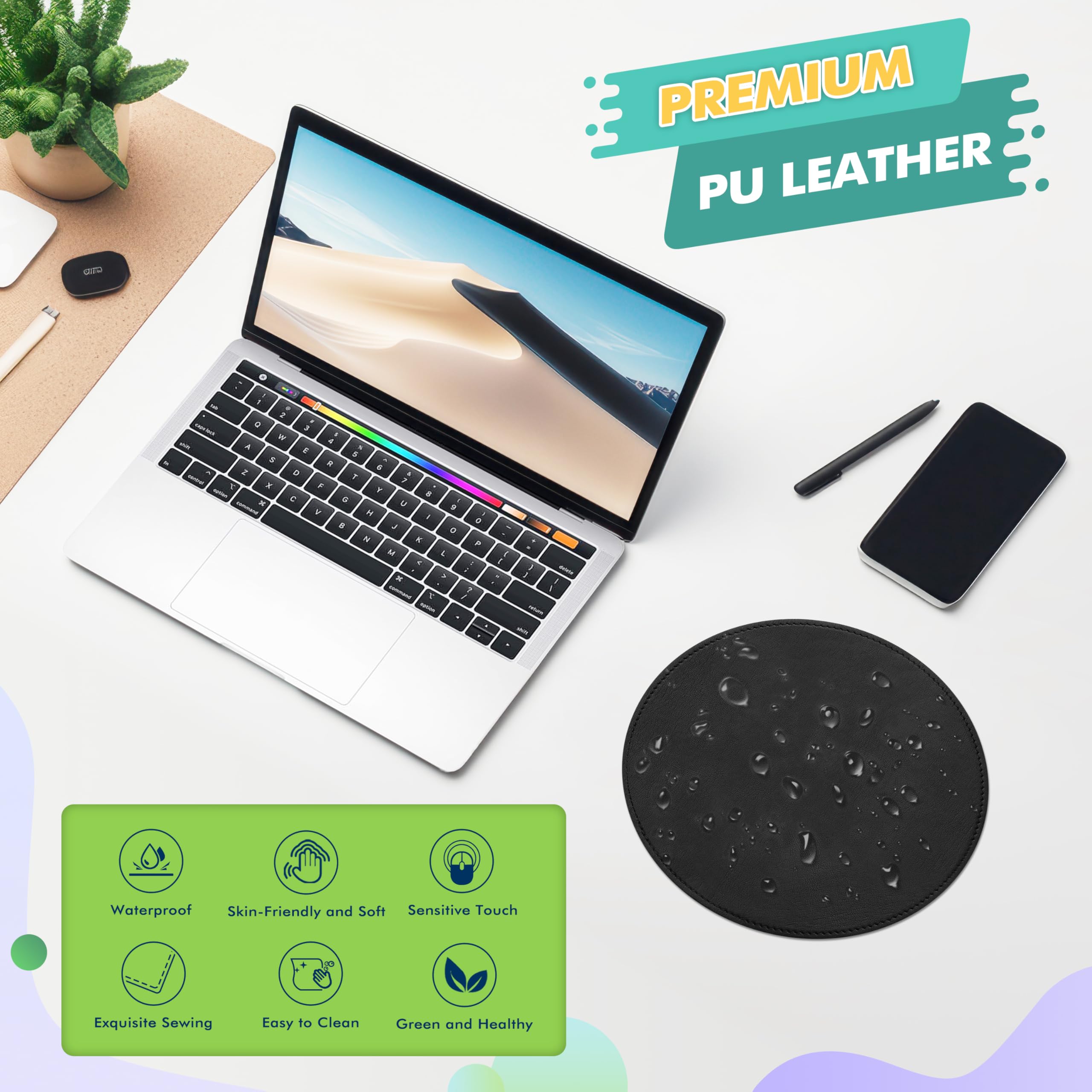 Premium Round PU Leather Mouse Pad with Stitched Edge & Non-Slip Micro-Fiber Base - Waterproof Desk Mat for Computer, Laptop, Gaming (9x9 Inch, Black) - Perfect for Office, Home & Gaming Setups