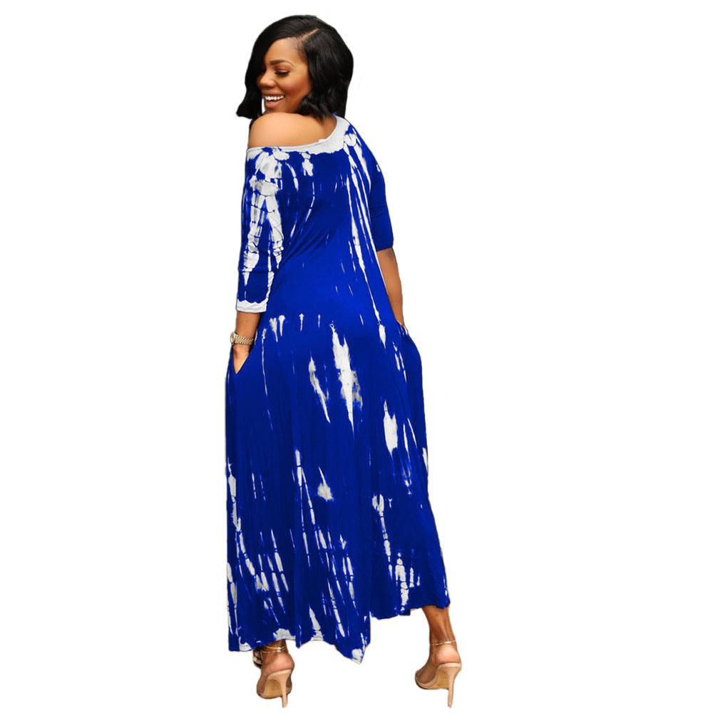 Long Slit Skirt Wide Neck Tie Dye Dress - Boho Chic Summer Maxi Dress for Beach Vacation & Music Festivals