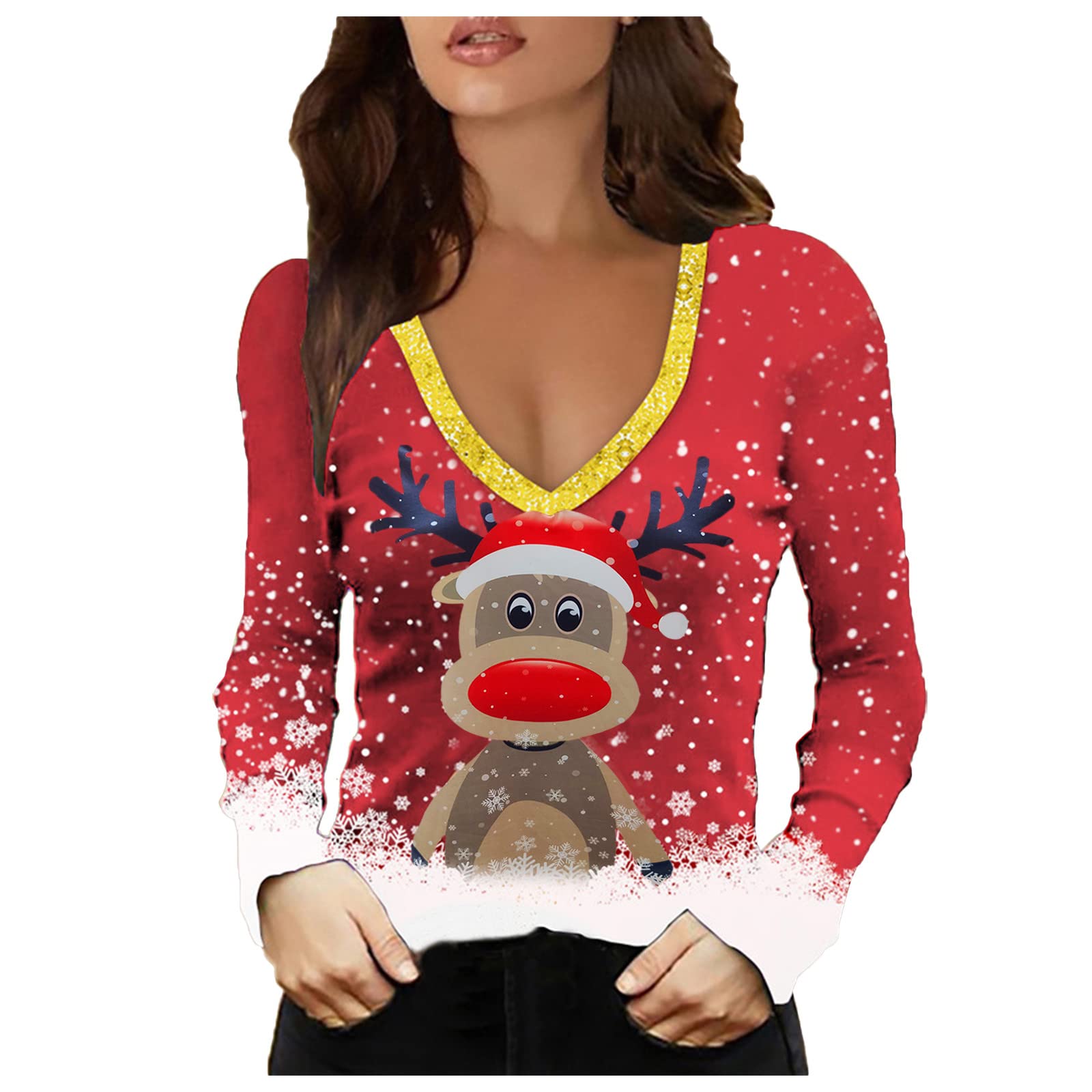 Women's Christmas Graphic V-Neck Long Sleeve T-Shirt - Festive Holiday Blouse for Casual Wear & Christmas Parties