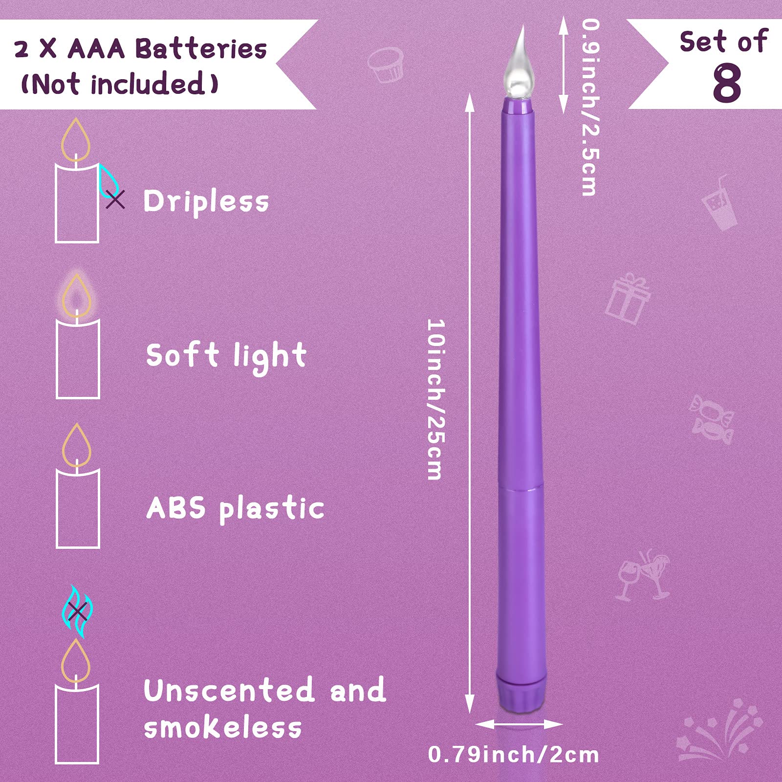 Enhon 8-Pack 10-Inch Purple Flameless LED Taper Candles - Battery Operated Flickering Candles for Wedding Decor, Christmas Centerpiece, Holiday Table Setting, Church Ceremony & Home Decoration - Safe for Kids & Pets