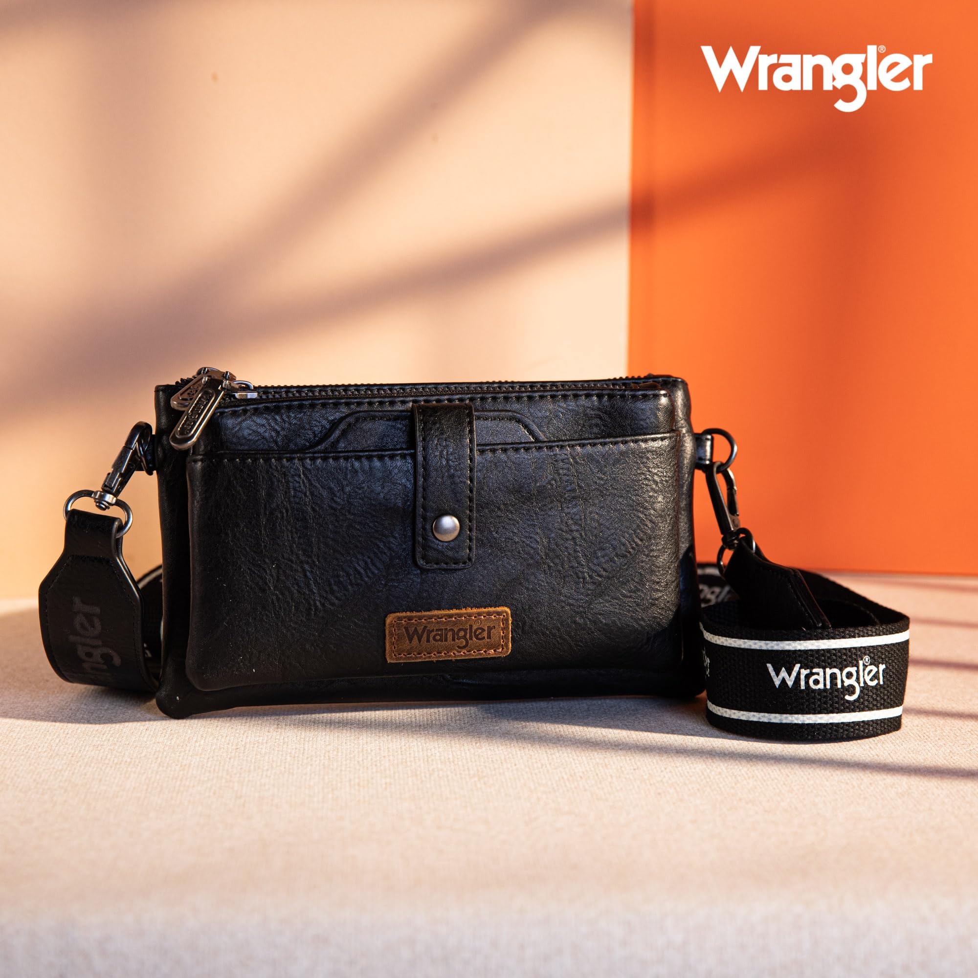 Wrangler Women's Distressed Crossbody Purse - Multi-Function Card Holder Wallet with Double Zipper - Perfect for Travel, Shopping & Everyday Use